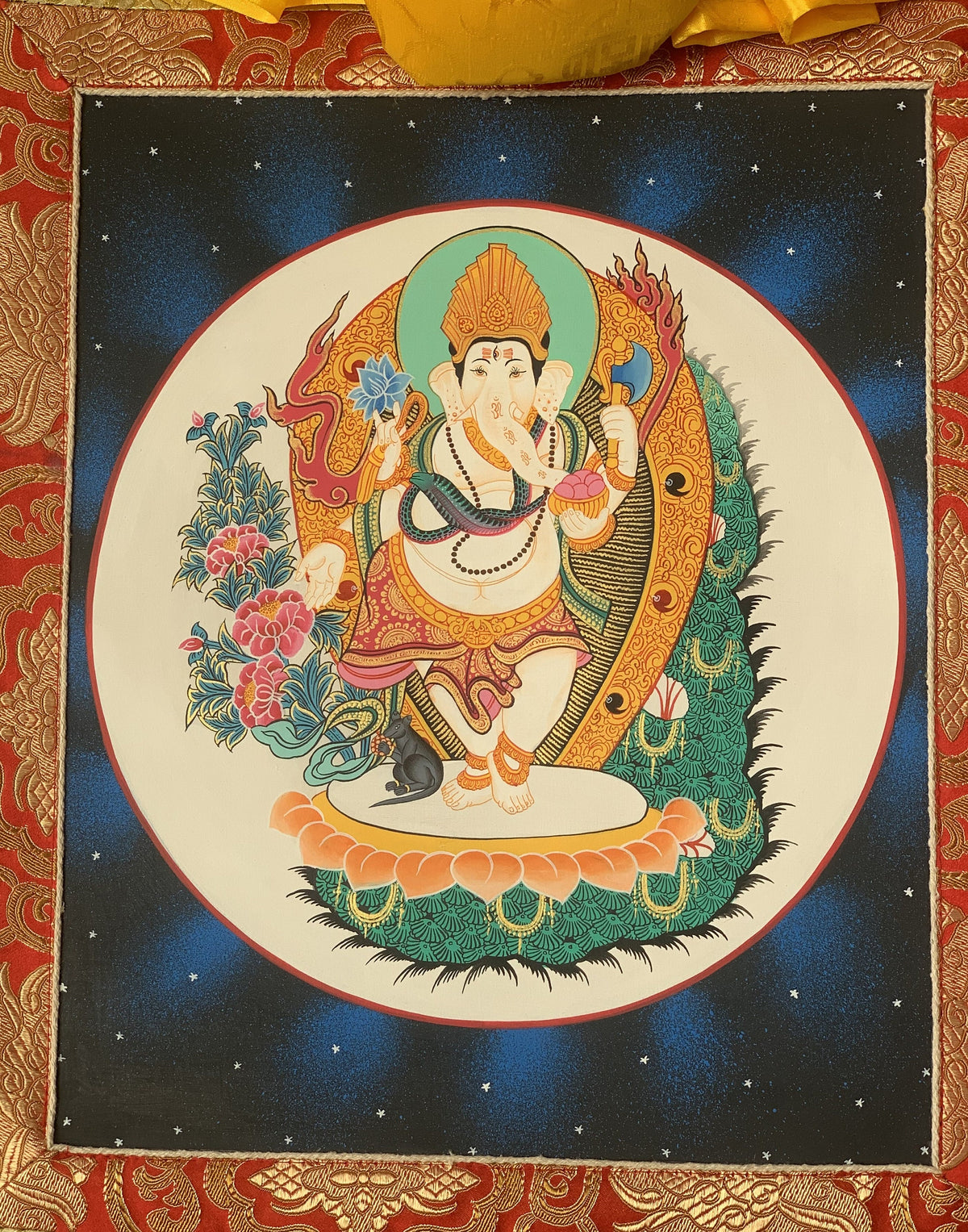 Lord Ganesha Thangka Painting, Hindu Art with Silk Frame