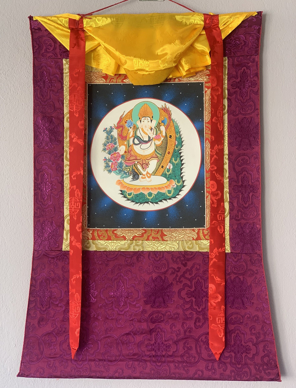 Lord Ganesha Thangka Painting, Hindu Art with Silk Frame