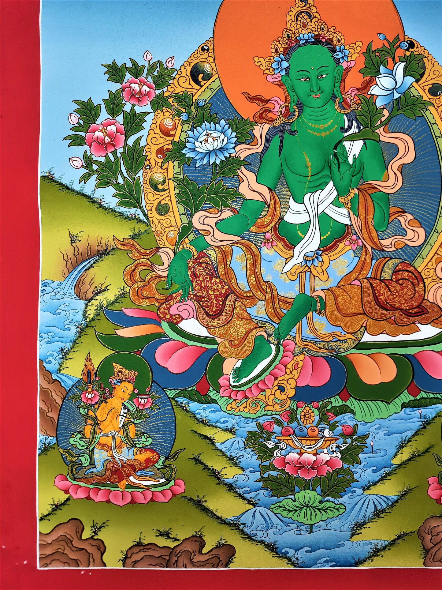 Hand Painted Green Tara Thangka Painting, Tibetan Art, 17" x 24"