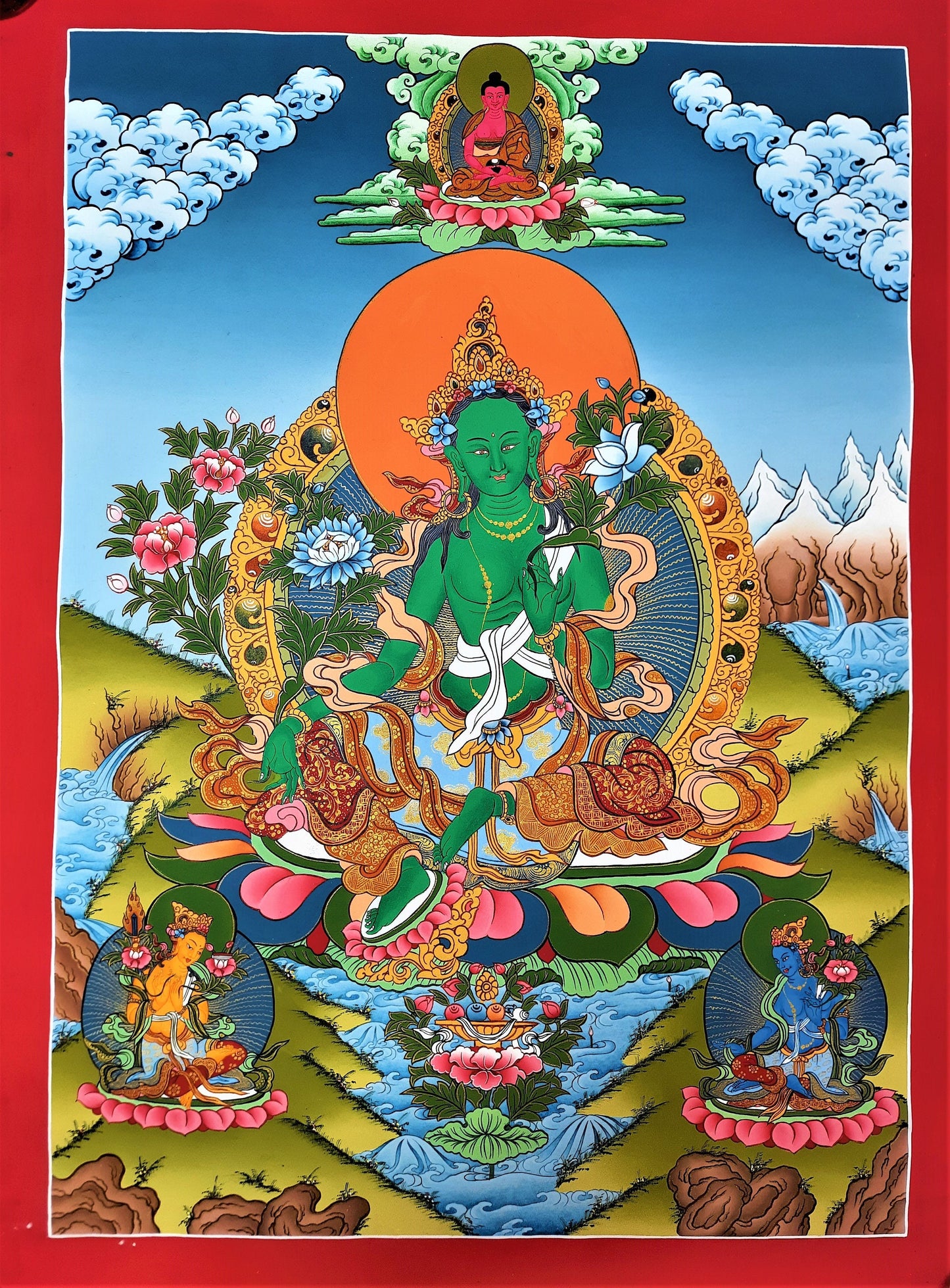Hand Painted Green Tara Thangka Painting, Tibetan Art, 17" x 24"