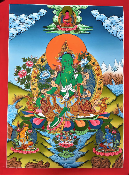 Hand Painted Green Tara Thangka Painting, Tibetan Art, 17" x 24"