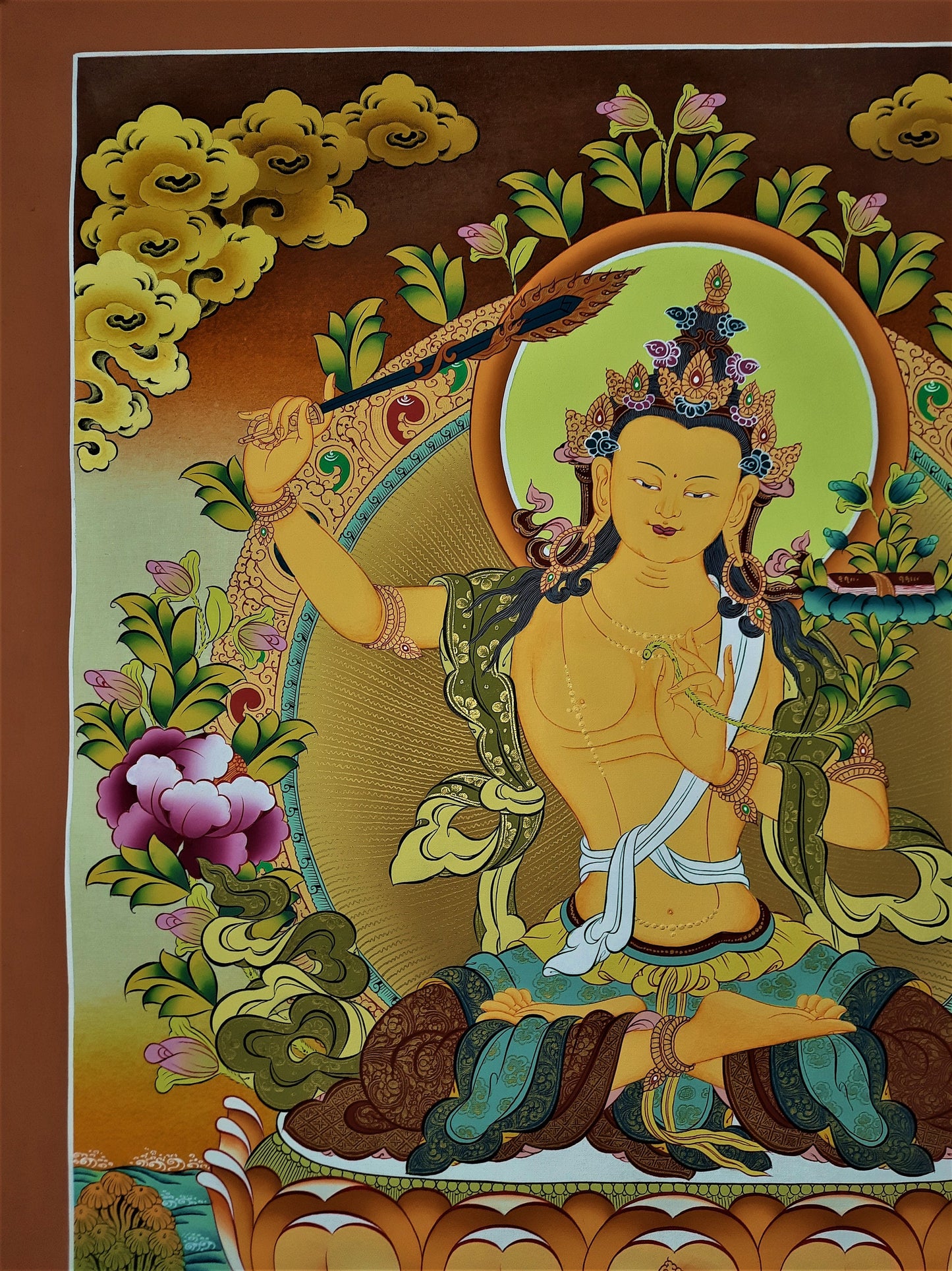 Hand-Painted Manjushree Thangka, 24k Gold Tibetan Art, Nepal