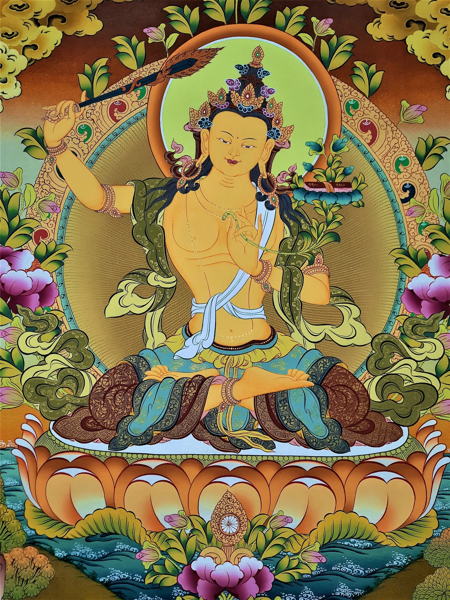 Hand-Painted Manjushree Thangka, 24k Gold Tibetan Art, Nepal