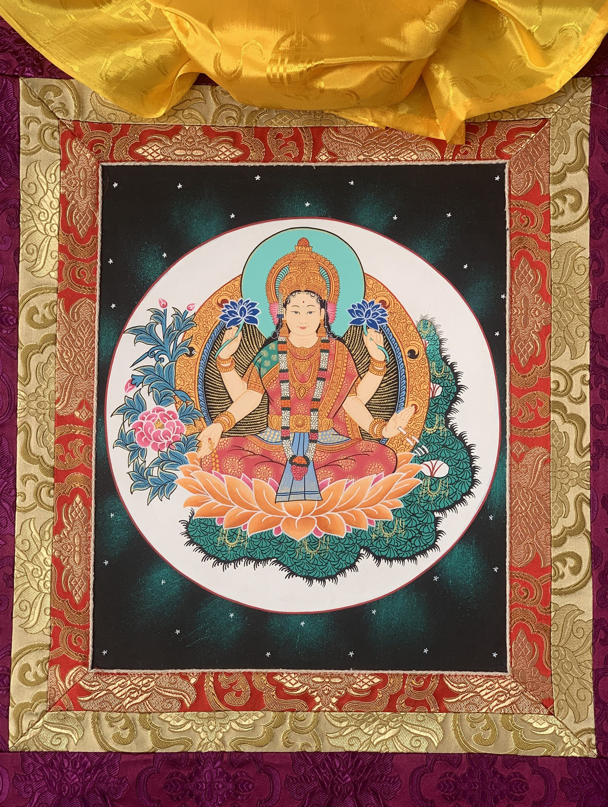 Goddess Laxmi Thangka Painting, Hindu Art with Silk Frame