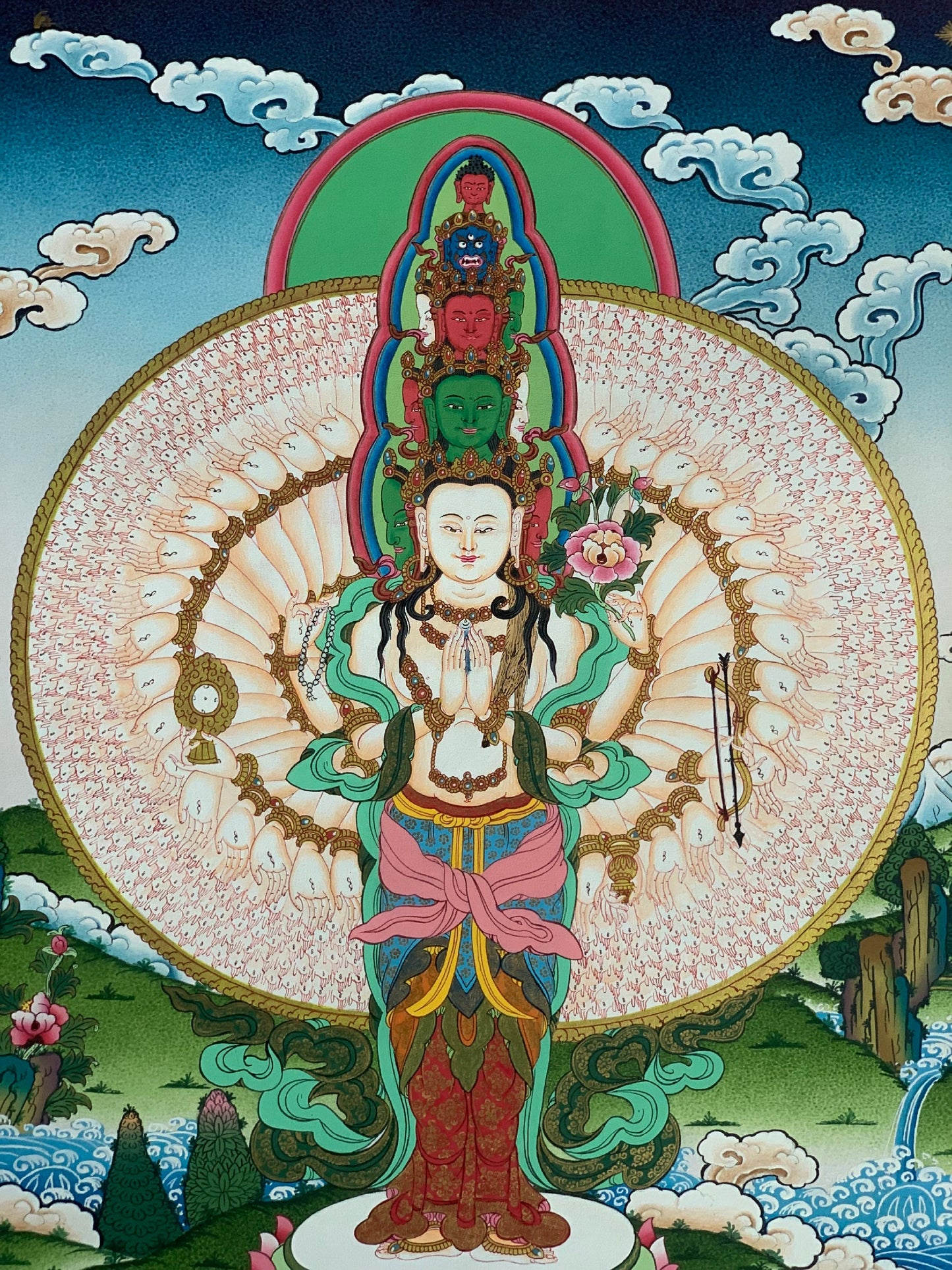 Hand-Painted Thousand-Armed Avalokiteshvara Thangka with Silk Brocade (Option)