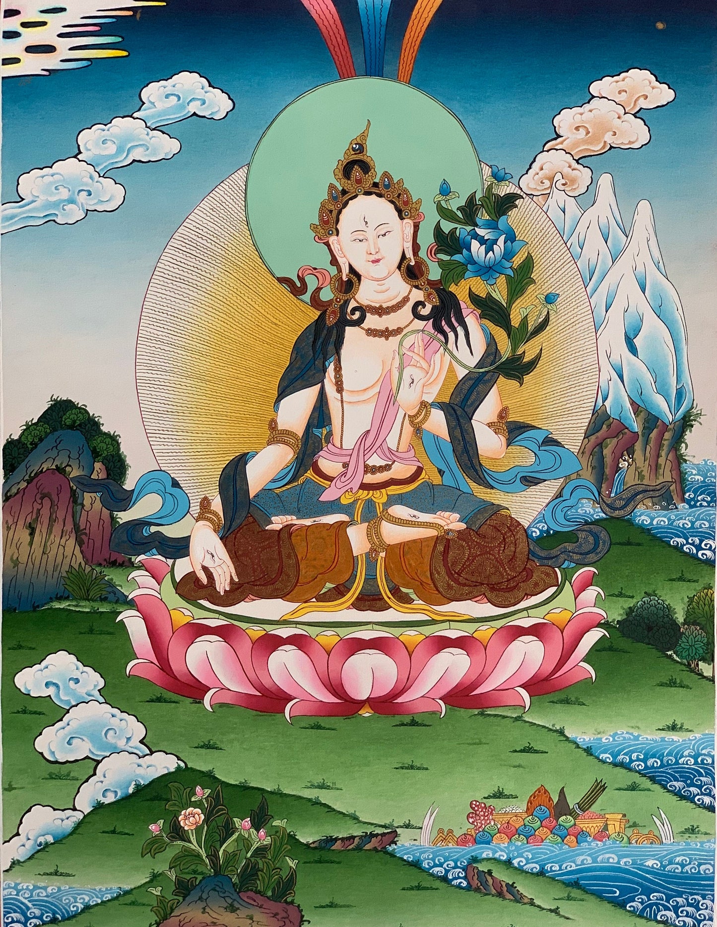 Hand-Painted White Tara Thangka, Tibetan Meditation Art (18x24 inch)