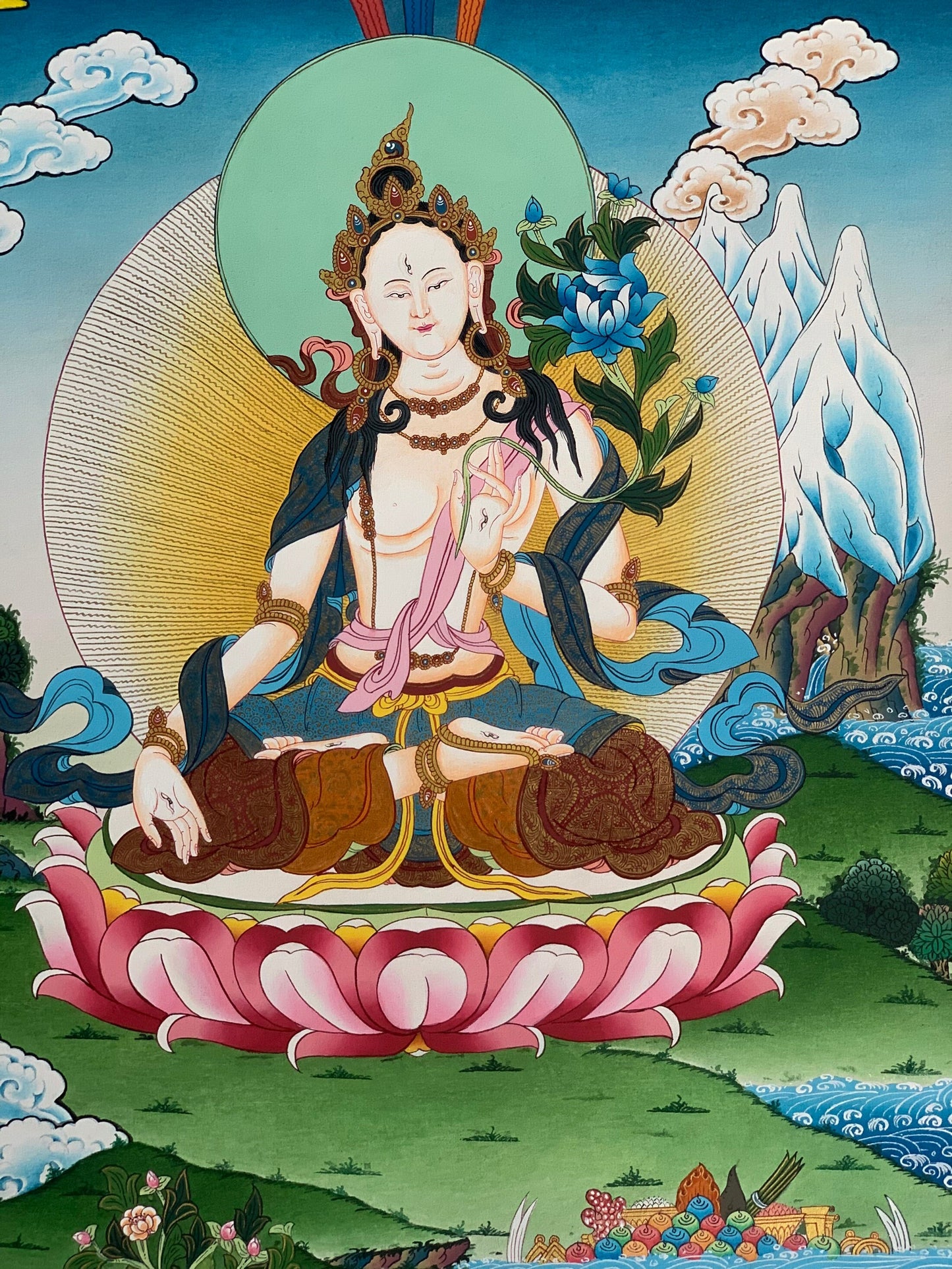 Hand-Painted White Tara Thangka, Tibetan Meditation Art (18x24 inch)