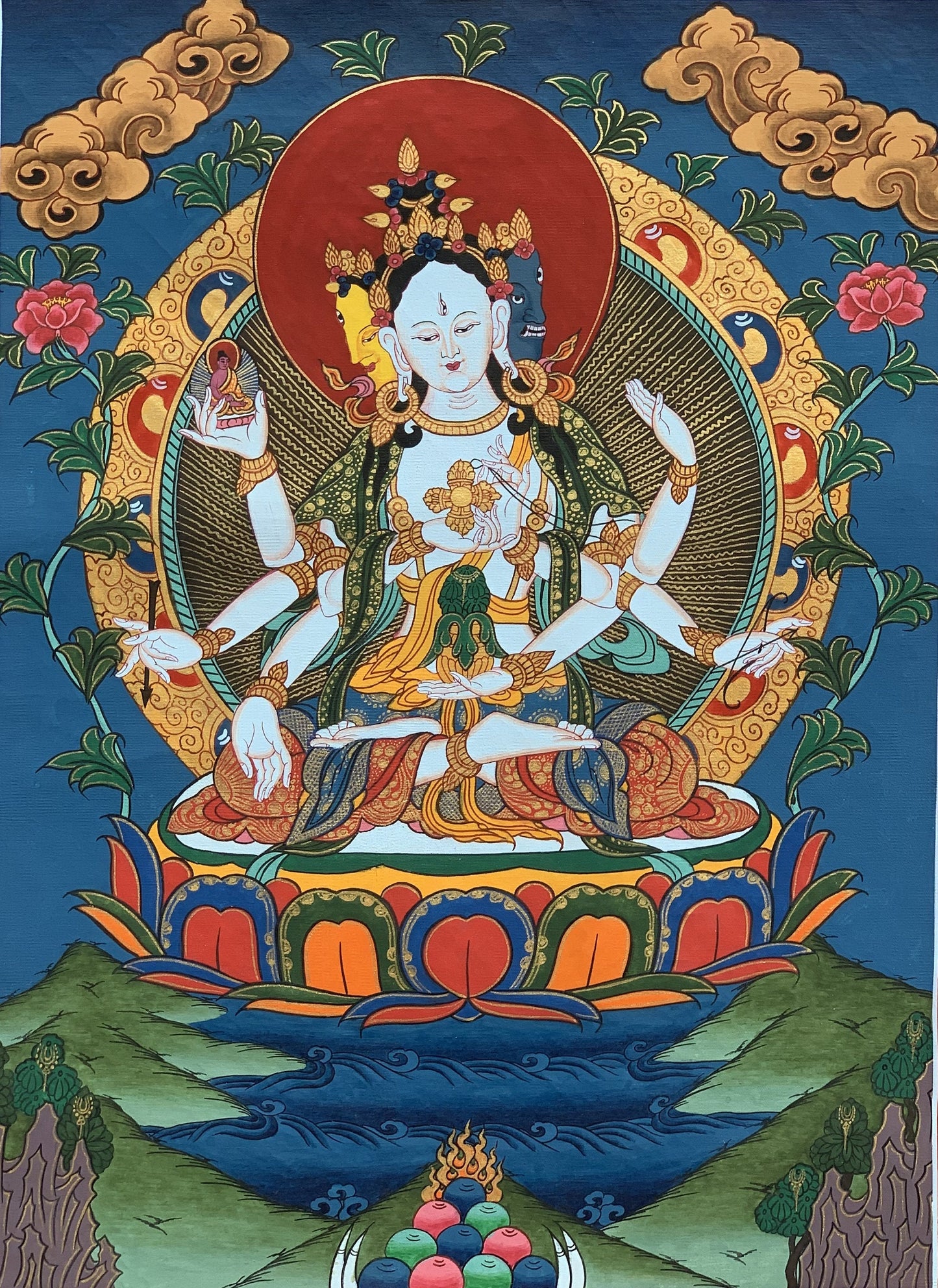 Hand-painted Sitatapatra Tibetan Thangka Painting, Silk Framed