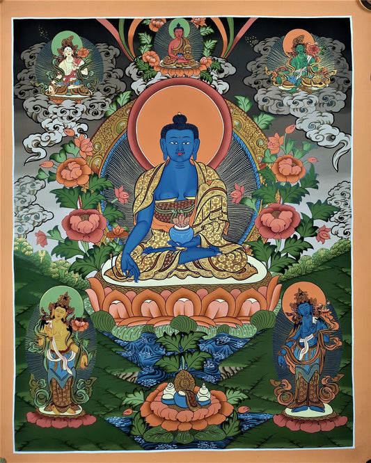 Original Hand-Painted Medicine Buddha / Bhaisajyaguru Masterpiece Tibetan Thangka / Thanka Painting, Compassion , Meditation From Nepal