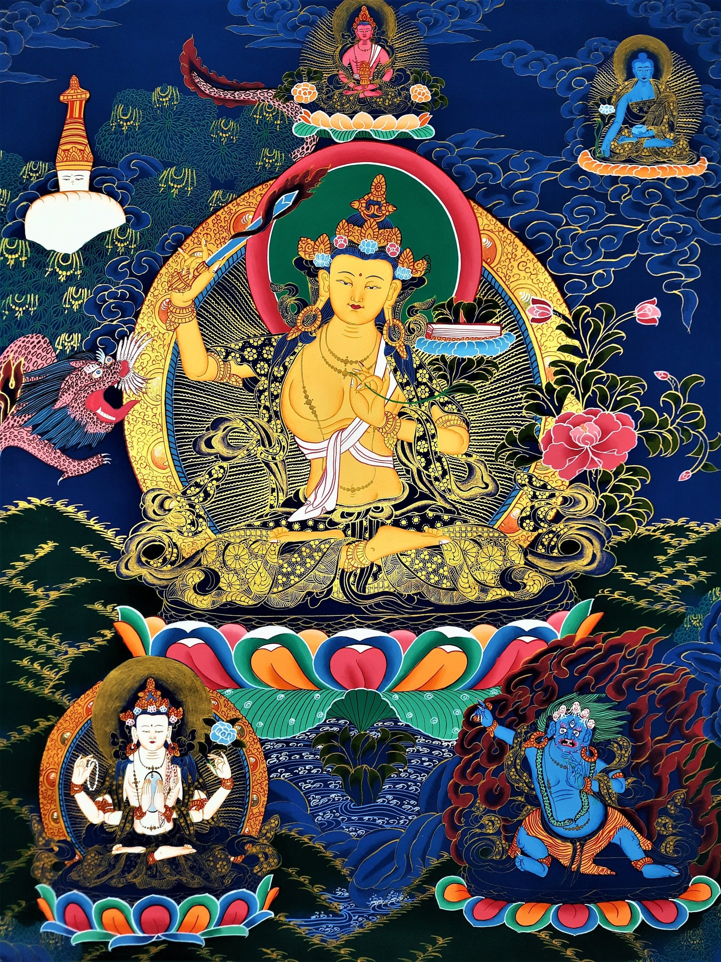 Manjushri  Bodhisattva Thangka – Hand-Painted Manjushree Tibetan Buddhist Art with Silk Brocade