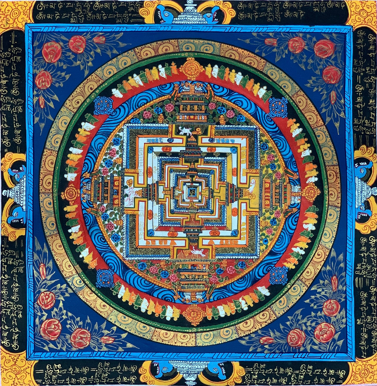 Tibetan Kalachakra Mandala Thangka Painting with Silk Frame