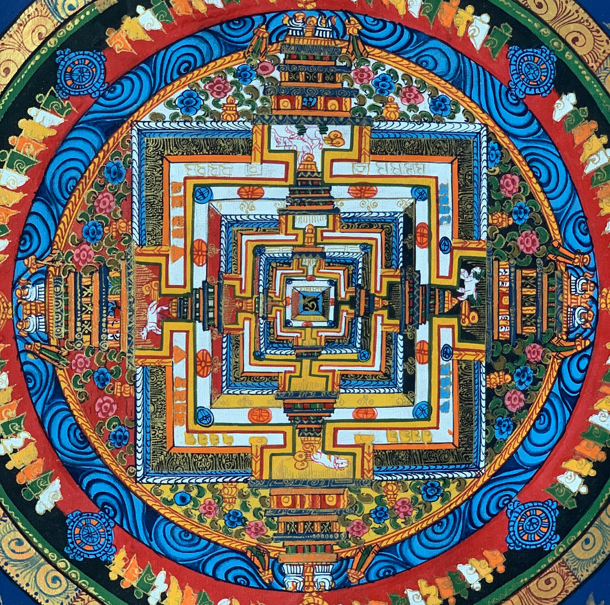 Tibetan Kalachakra Mandala Thangka Painting with Silk Frame