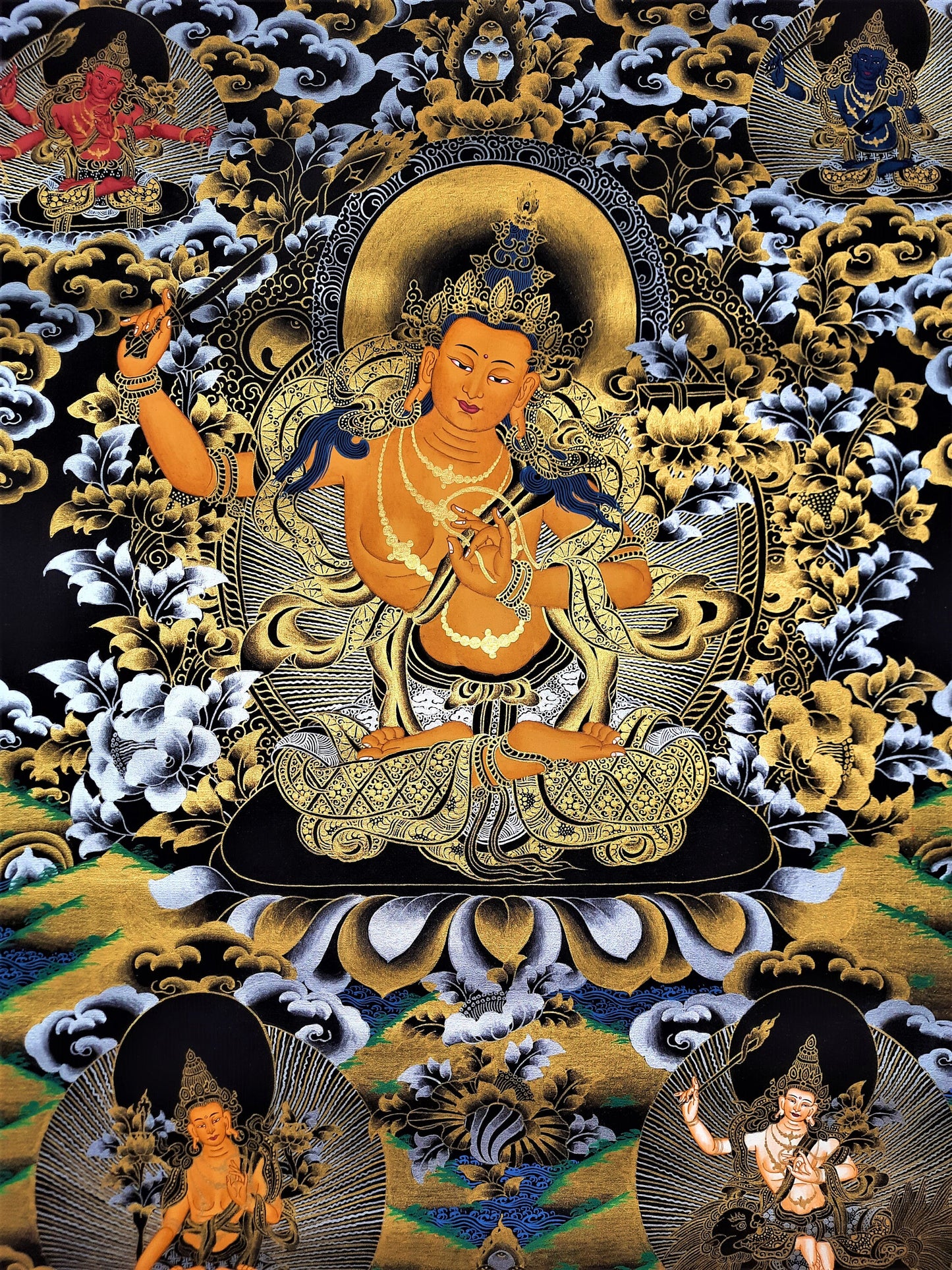 Hand-Painted Pancha Manjushri Thangka: God of Wisdom, Nepal Art