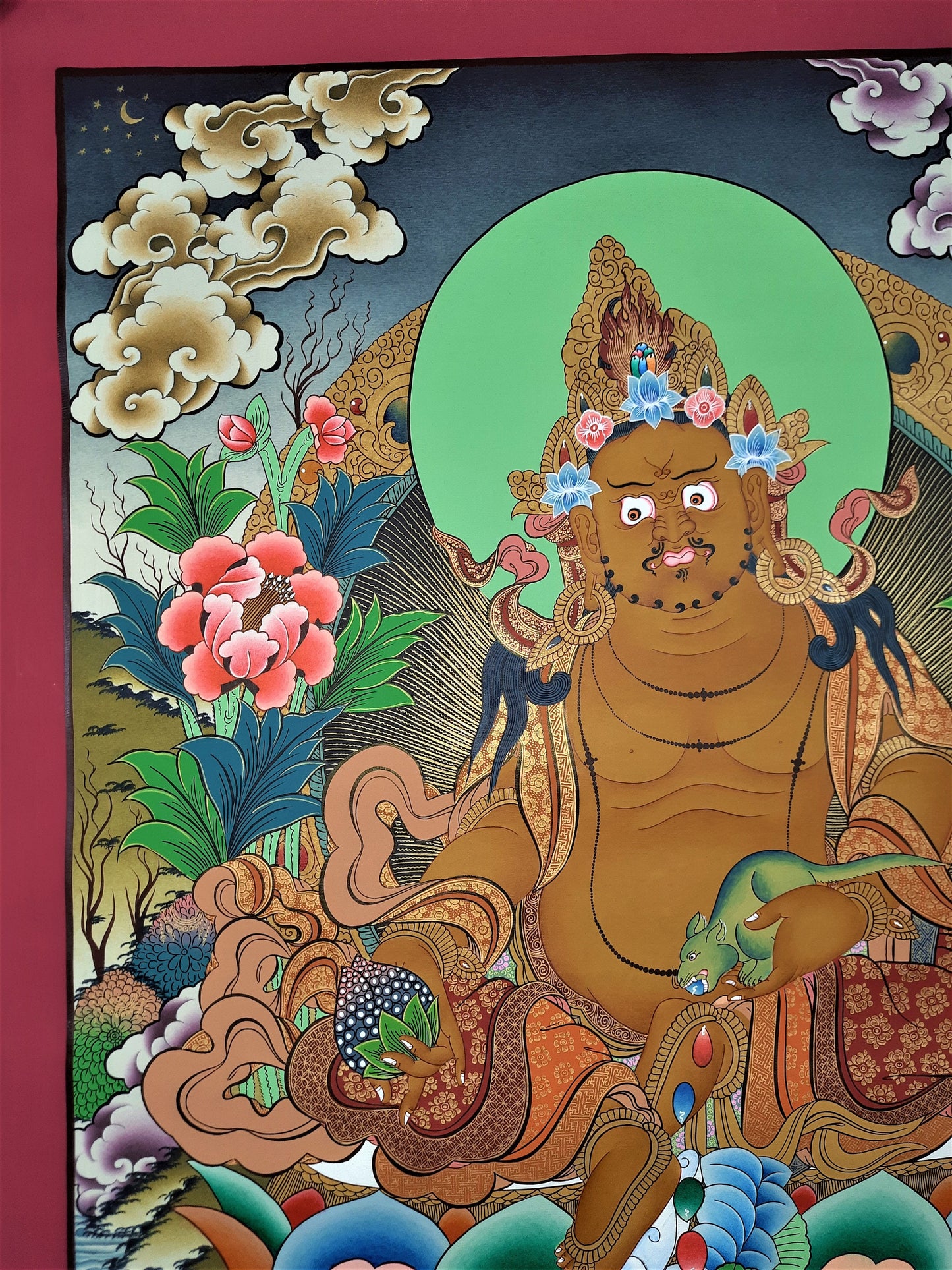 Hand Painted Jambhala Thangka: God of Wealth, 24k Gold, Tibetan Art