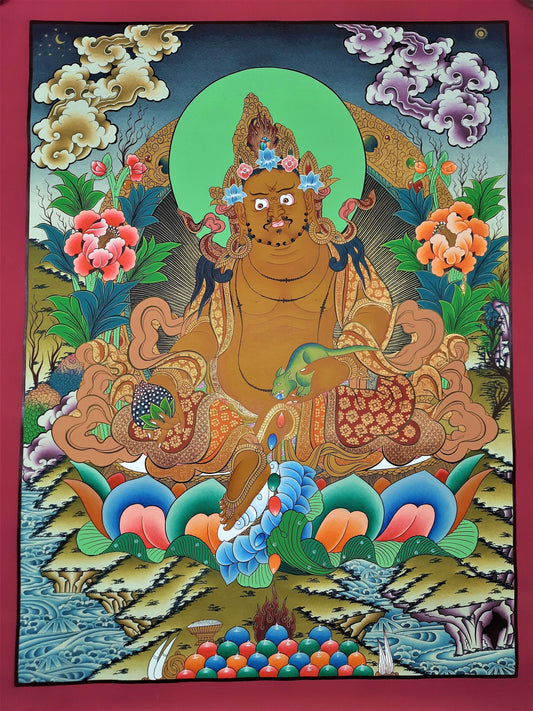 Hand Painted Jambhala Thangka: God of Wealth, 24k Gold, Tibetan Art