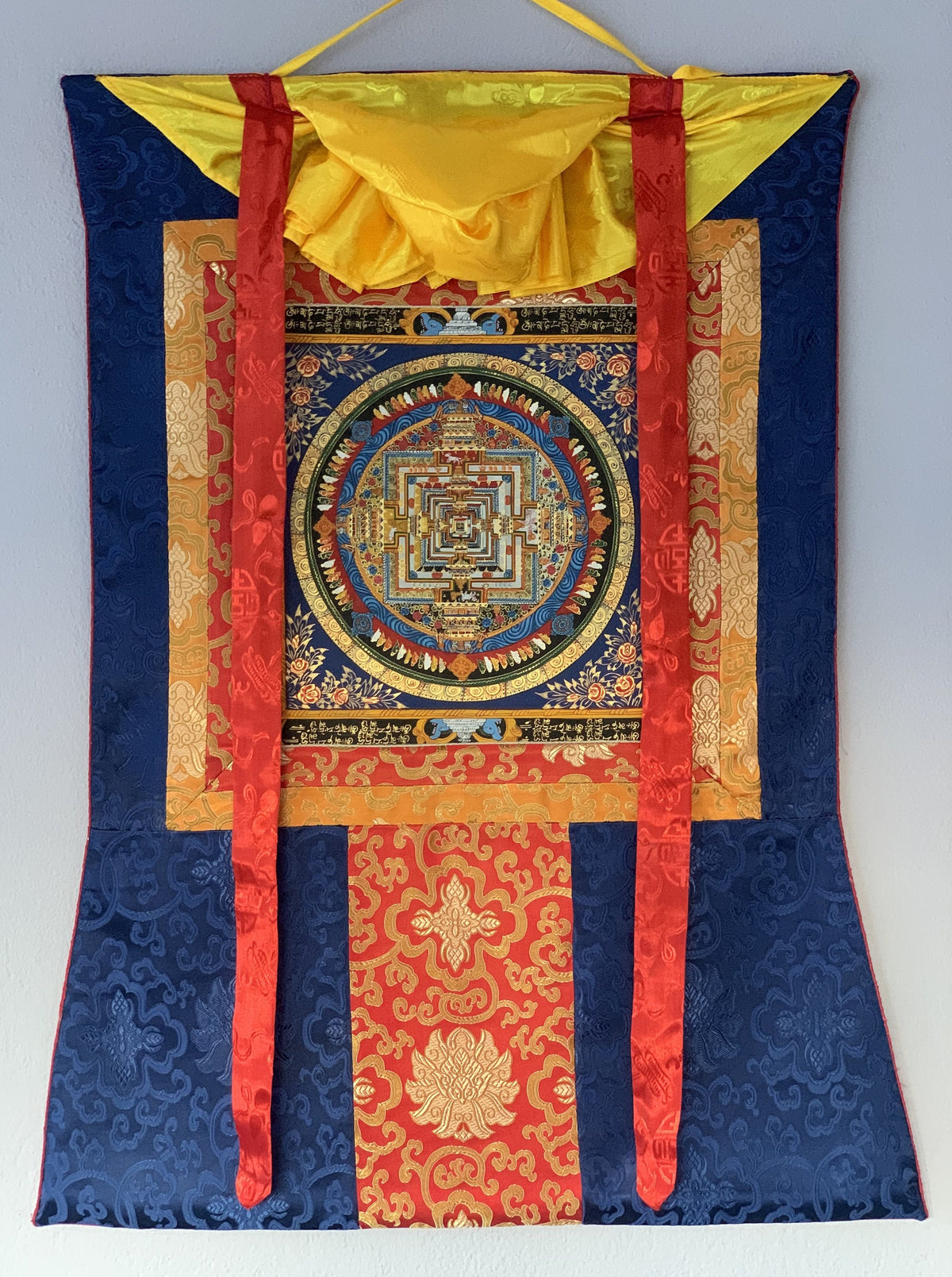 Tibetan Kalachakra Mandala Thangka Painting with Silk Frame