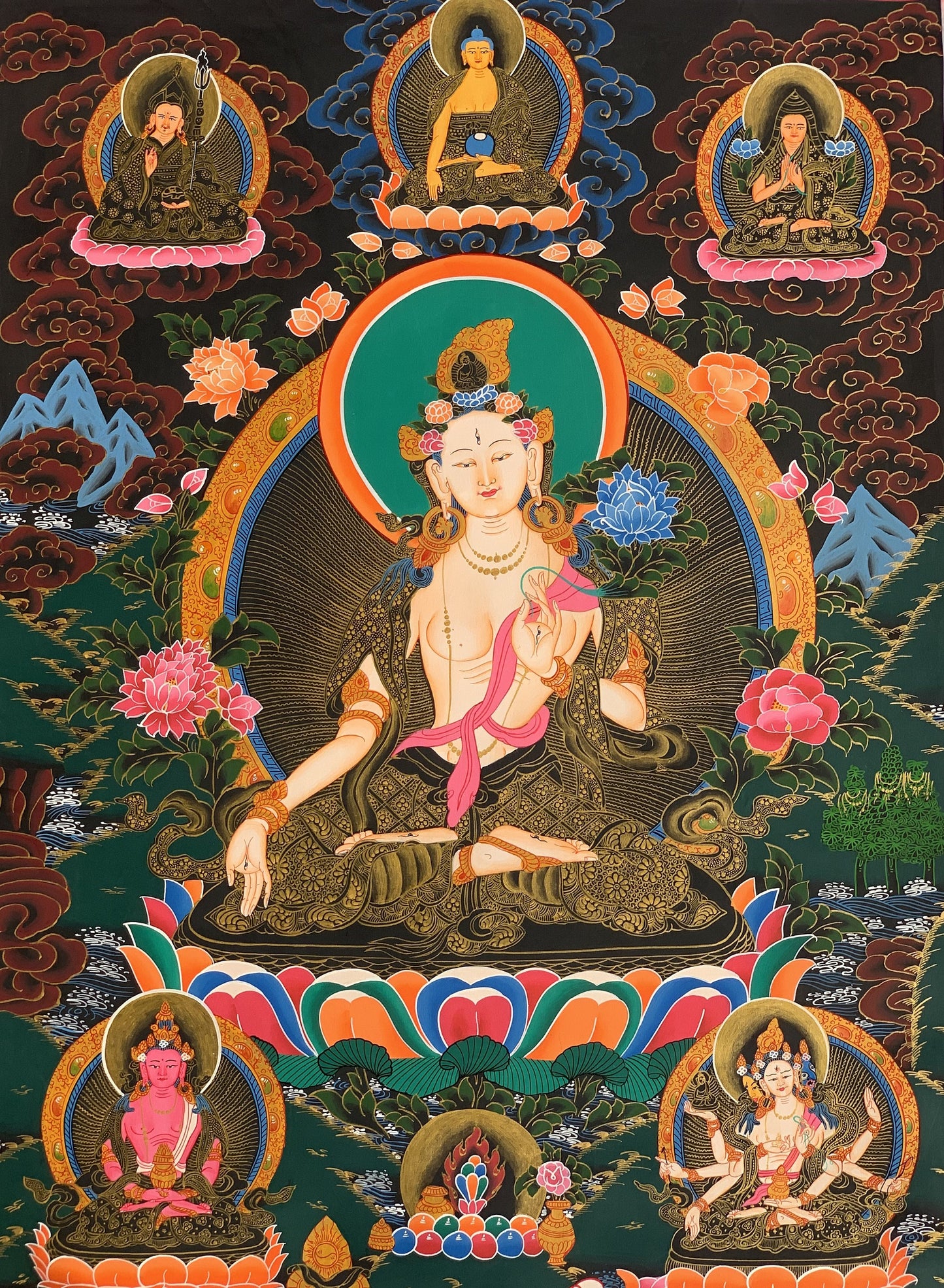 Hand-Painted White Tara Thangka with Silk Brocade - Seven Eyes Tibetan Goddess of Compassion