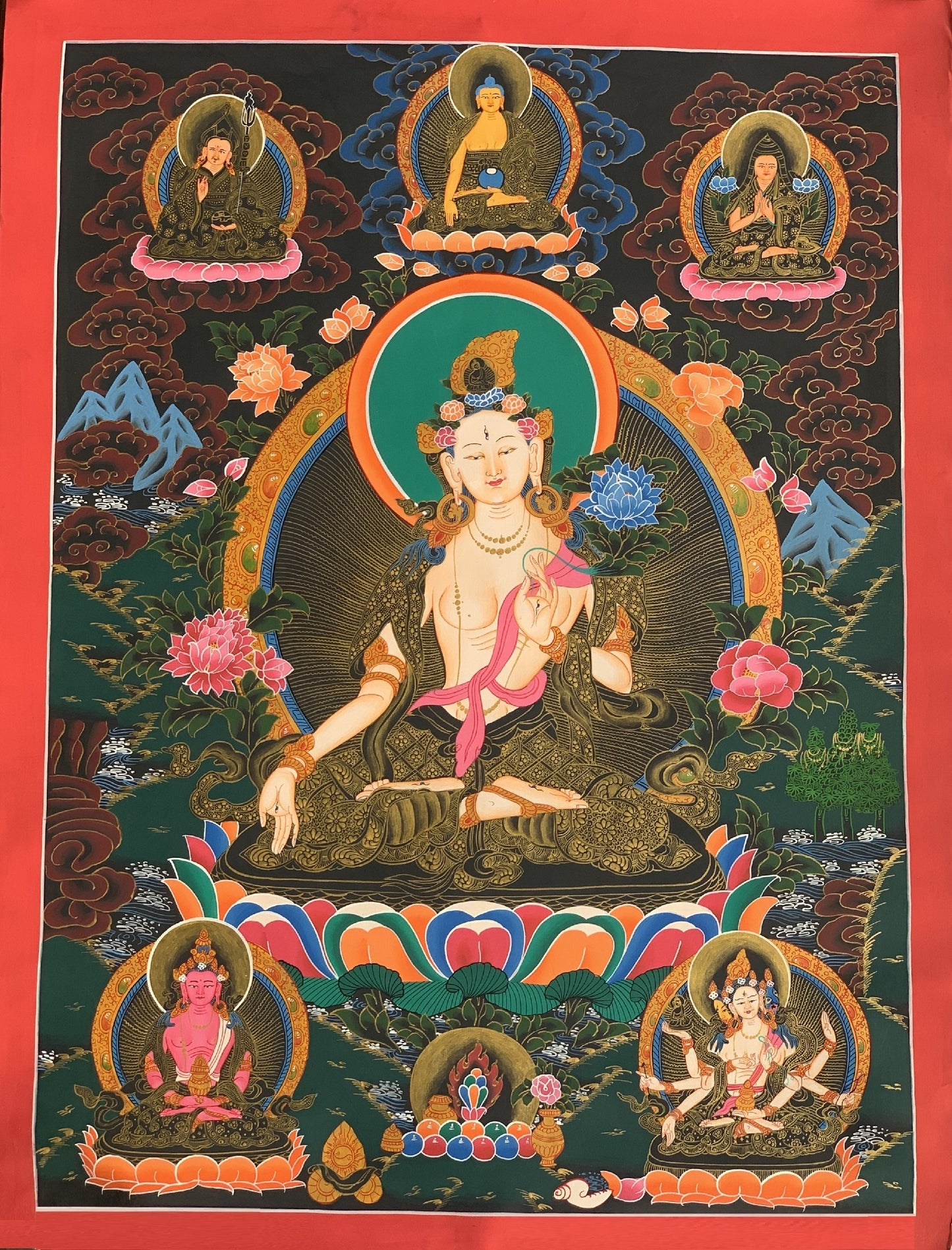 Hand-Painted White Tara Thangka with Silk Brocade - Seven Eyes Tibetan Goddess of Compassion