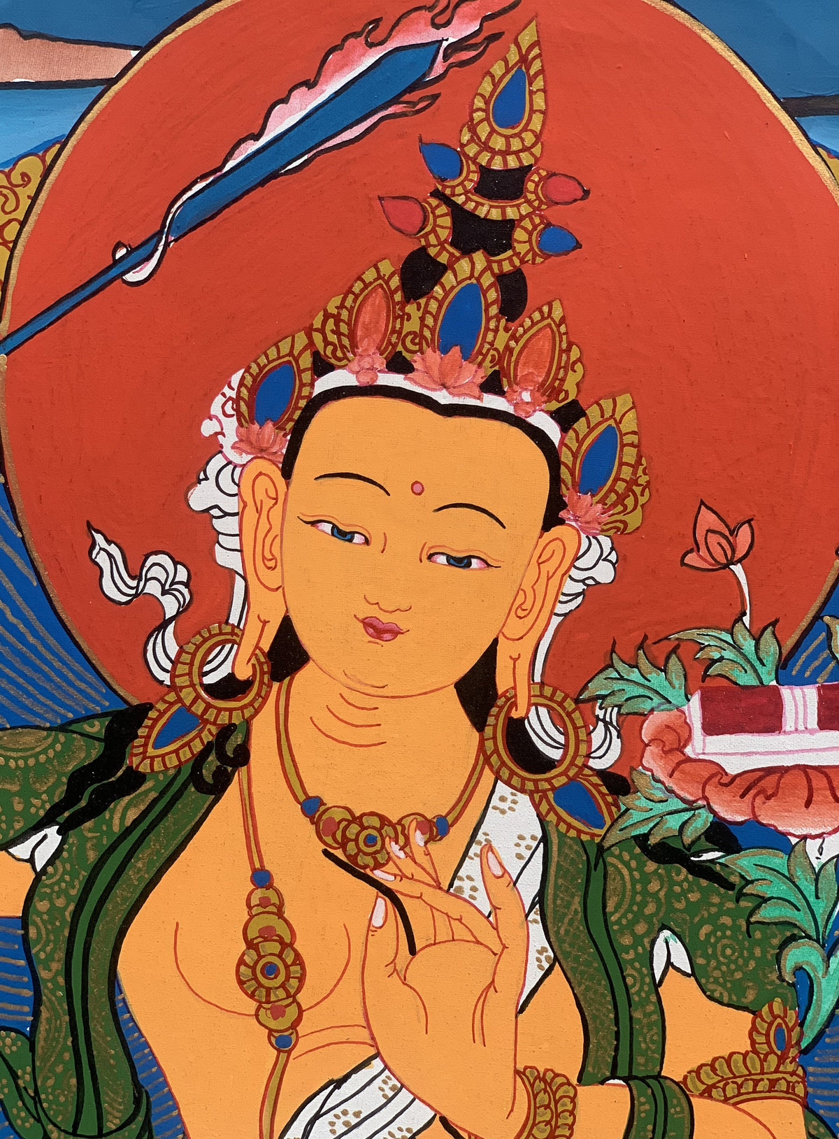 Manjushri, Manjusri, Manjushree, Master Quality, Hand-painted, Original Tibetan Thangka Painting, Compassion, Meditation  Art  10 x 15 Inch