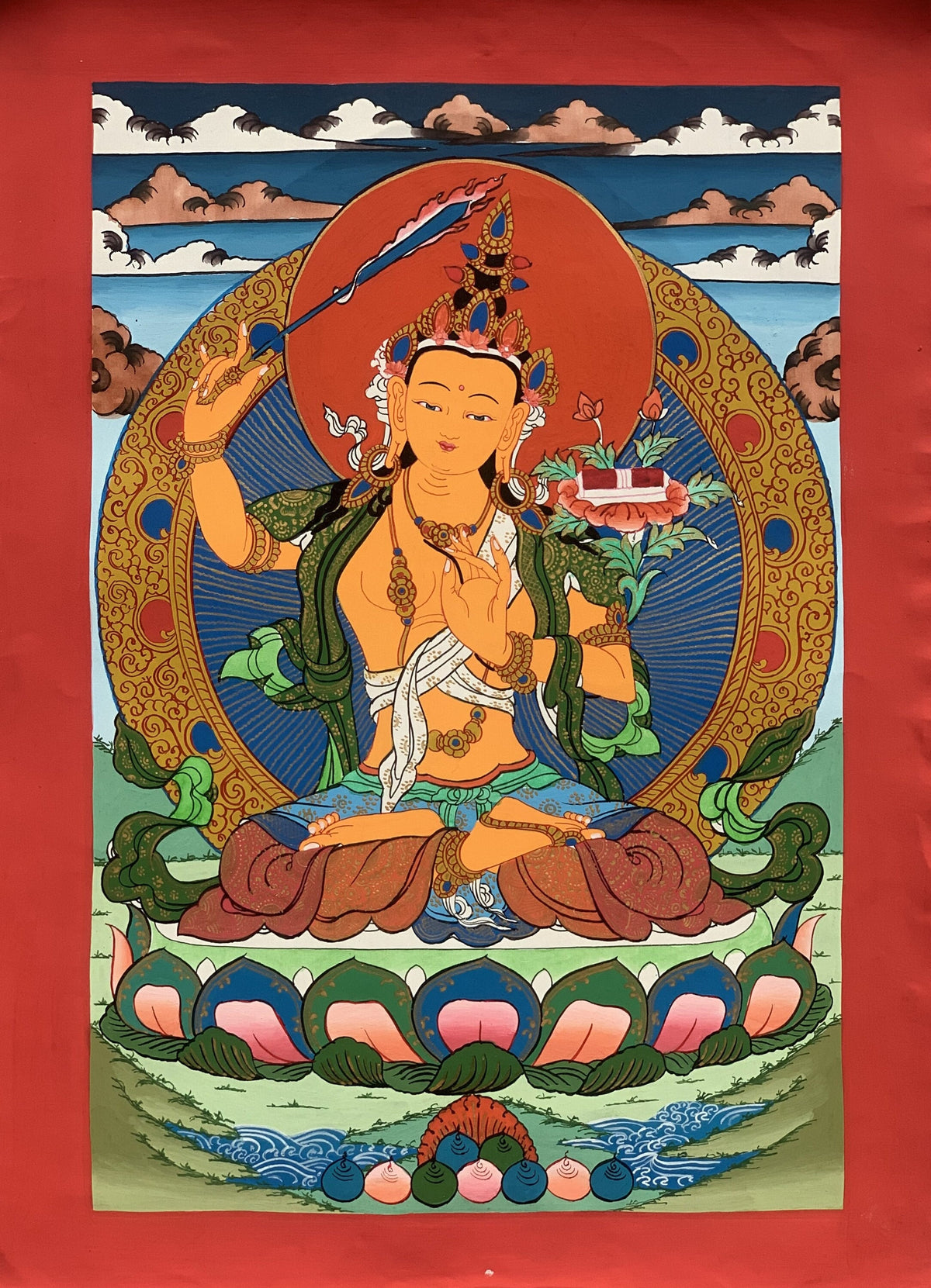 Manjushri, Manjusri, Manjushree, Master Quality, Hand-painted, Original Tibetan Thangka Painting, Compassion, Meditation  Art  10 x 15 Inch