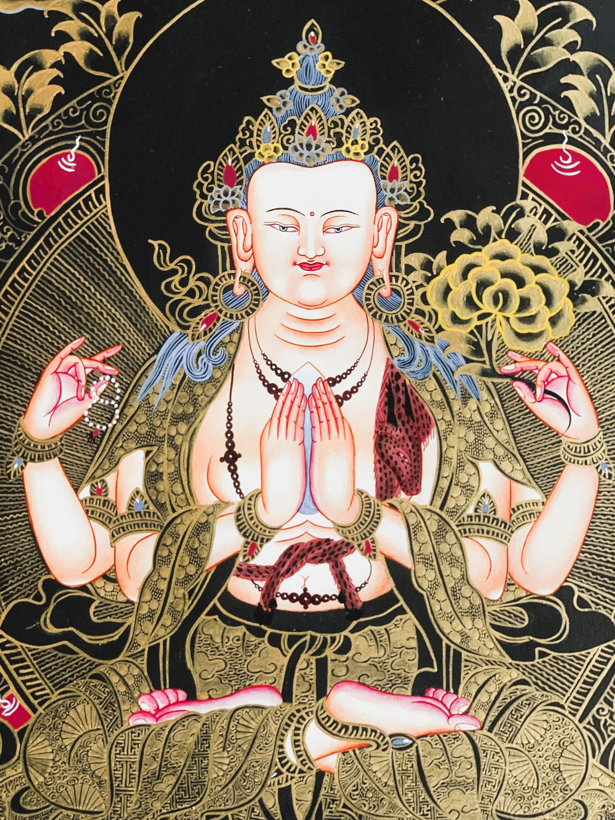 4 -Armed, Chyangresi, Chenrezig, Avalokiteshvara, Master Quality, Tibetan Thangka, Original Hand Painting, Buddhist Art 18 x 24 Inch