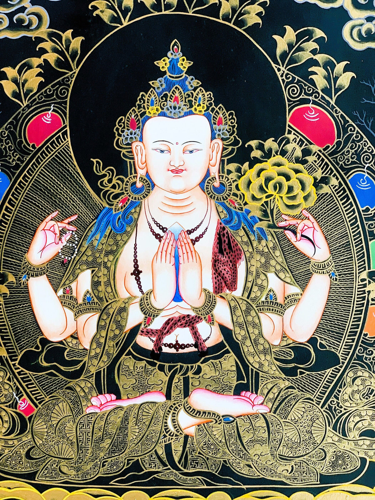 4 -Armed, Chyangresi, Chenrezig, Avalokiteshvara, Master Quality, Tibetan Thangka, Original Hand Painting, Buddhist Art 18 x 24 Inch