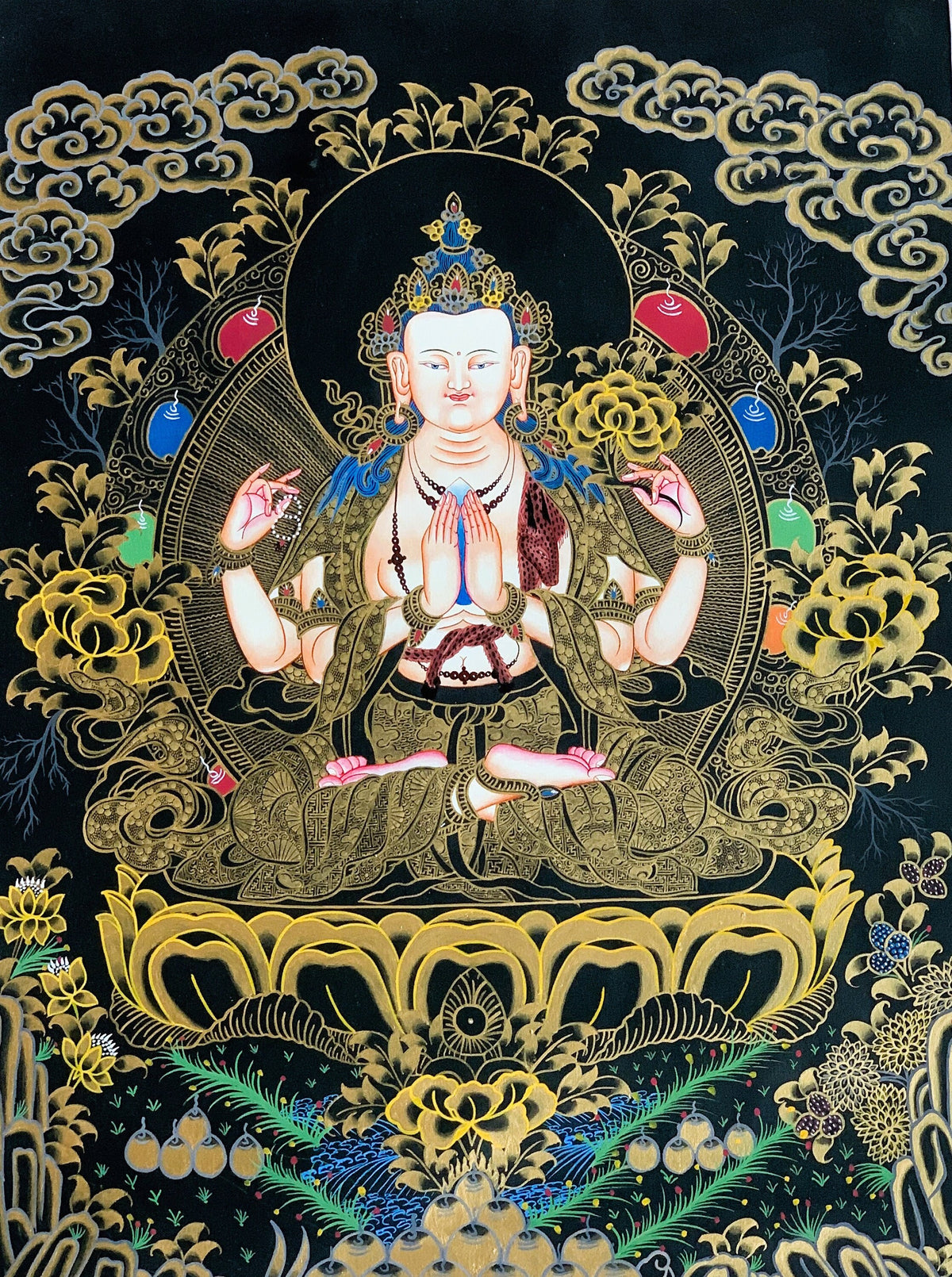4 -Armed, Chyangresi, Chenrezig, Avalokiteshvara, Master Quality, Tibetan Thangka, Original Hand Painting, Buddhist Art 18 x 24 Inch