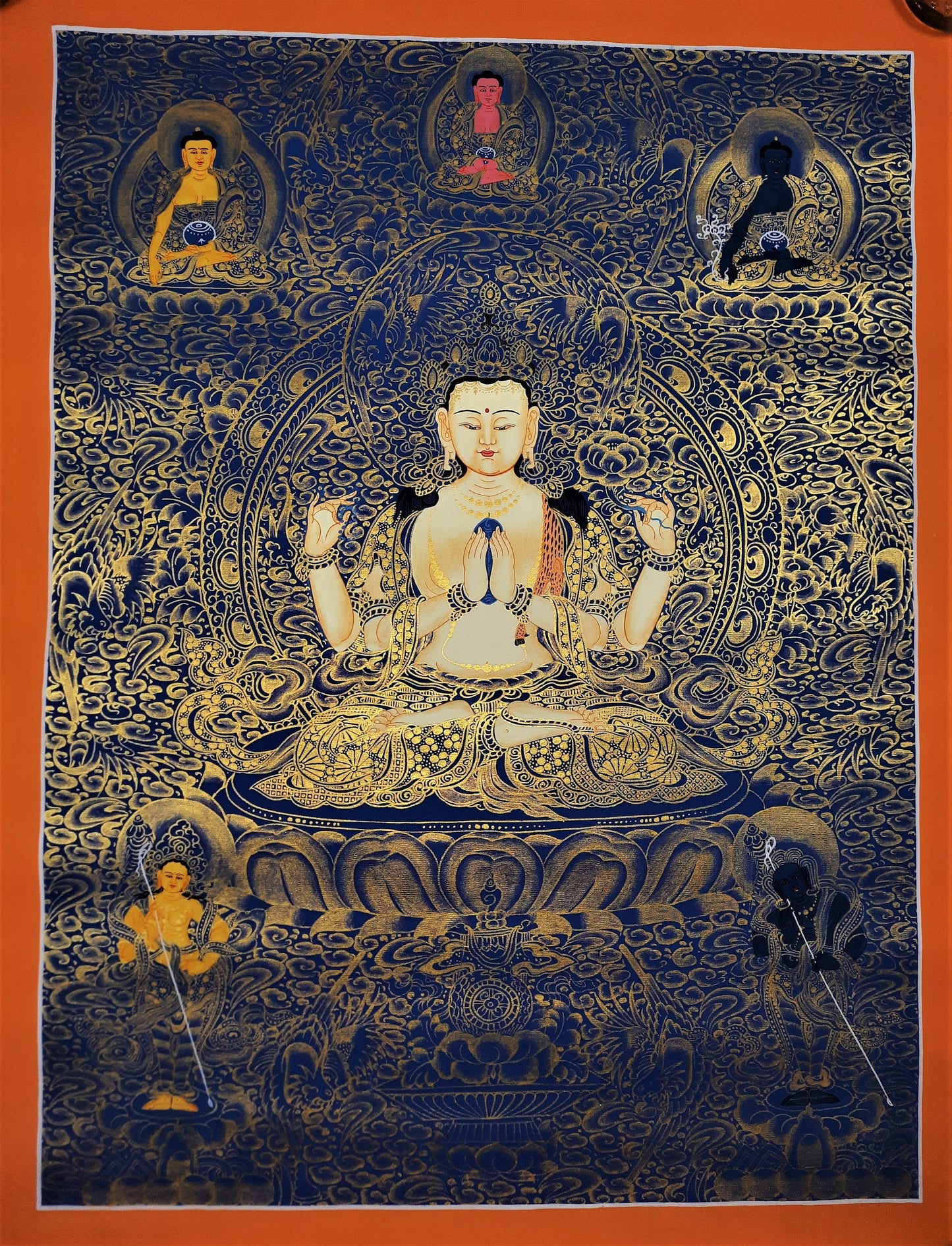 Hand-Painted Avalokiteshvara Thangka Painting, Fine Art from Nepal (17.7x24 inch)