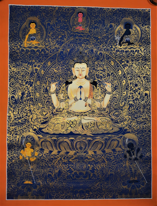Hand-Painted Avalokiteshvara Thangka Painting, Fine Art from Nepal (17.7x24 inch)