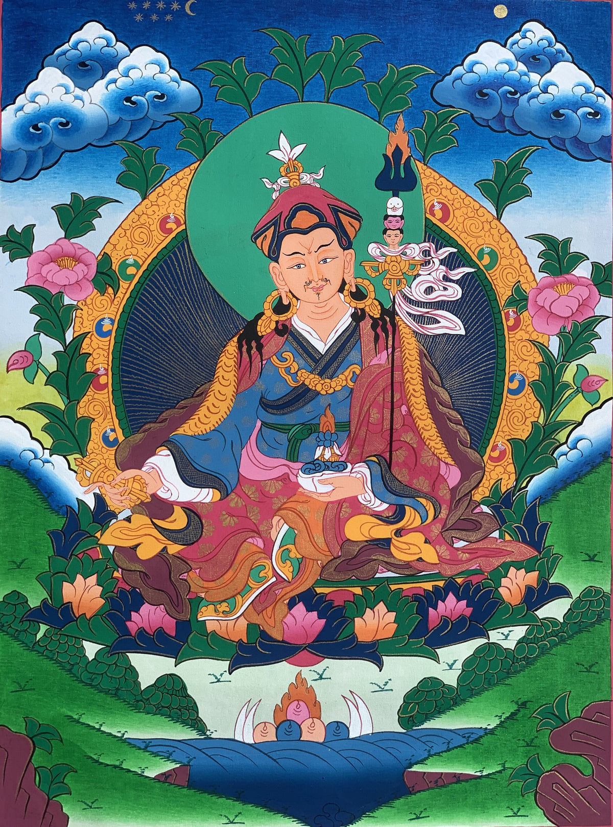 Guru Rinpoche Thangka Painting: Original Tibetan Buddhist Art with Silk Frame