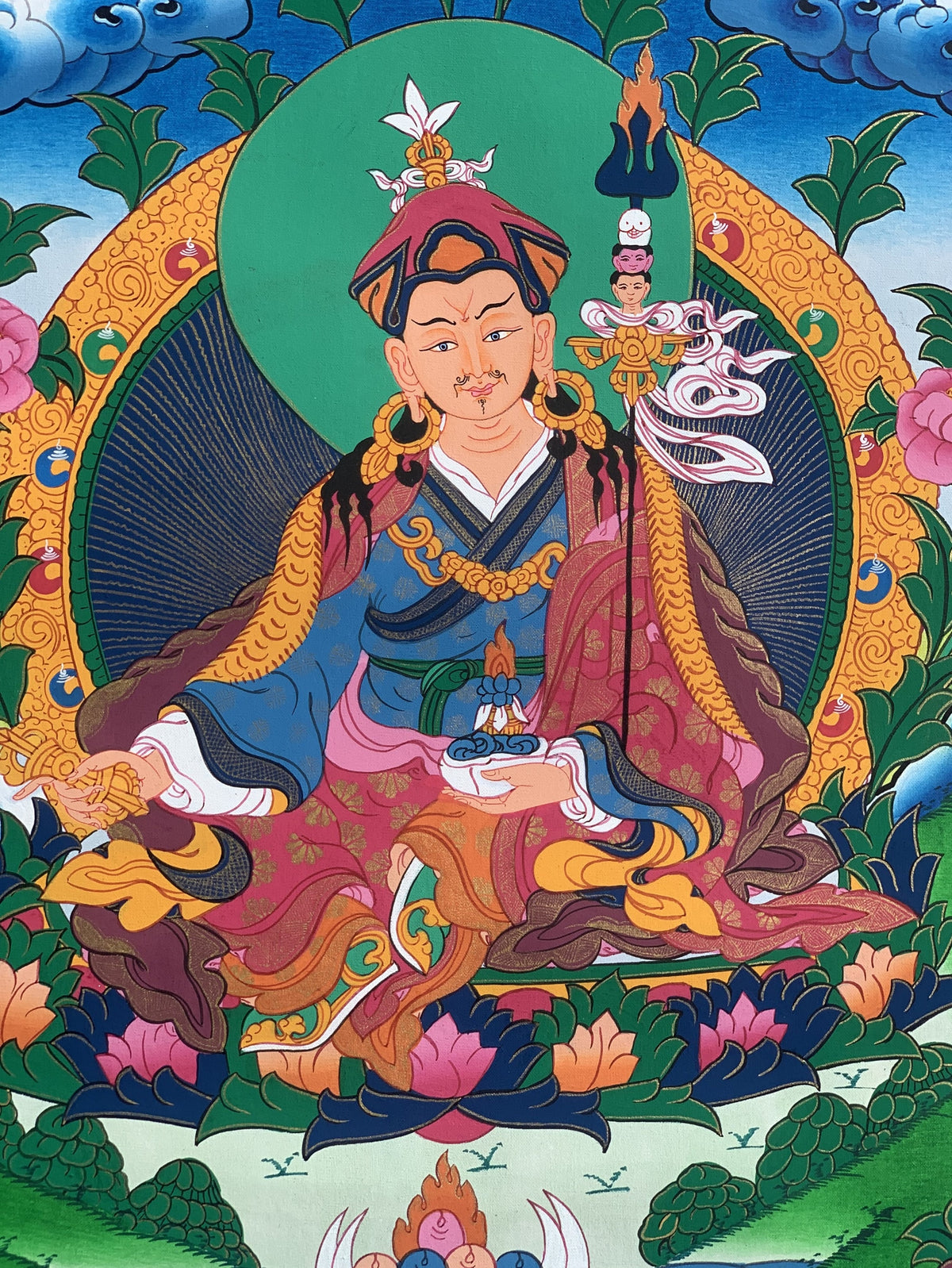 Guru Rinpoche Thangka Painting: Original Tibetan Buddhist Art with Silk Frame