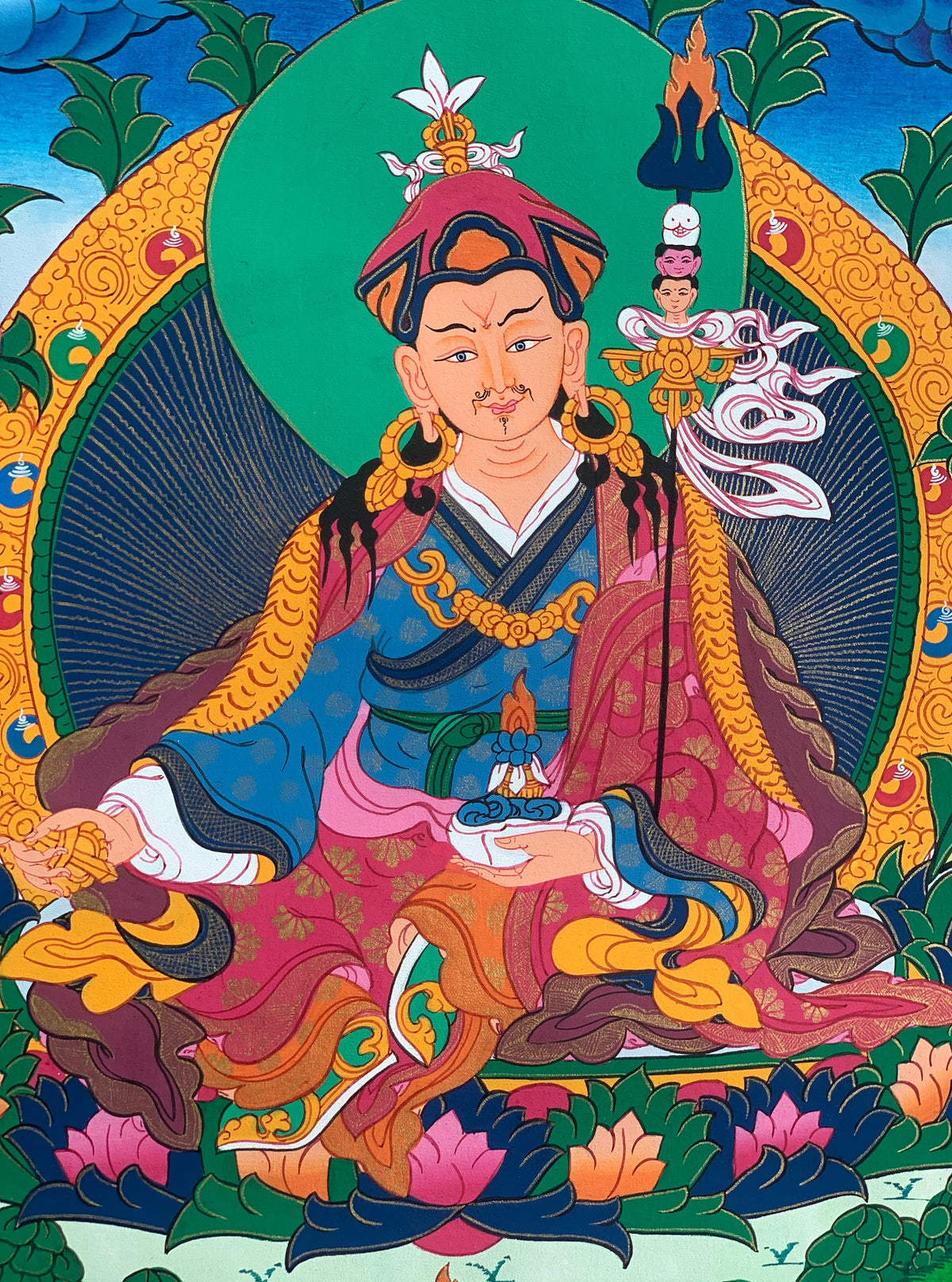 Guru Rinpoche Thangka Painting: Original Tibetan Buddhist Art with Silk Frame