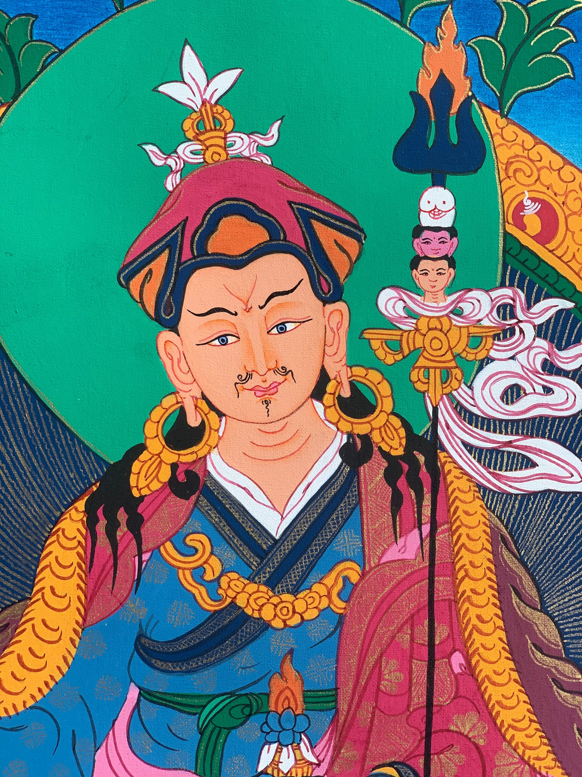 Guru Rinpoche Thangka Painting: Original Tibetan Buddhist Art with Silk Frame
