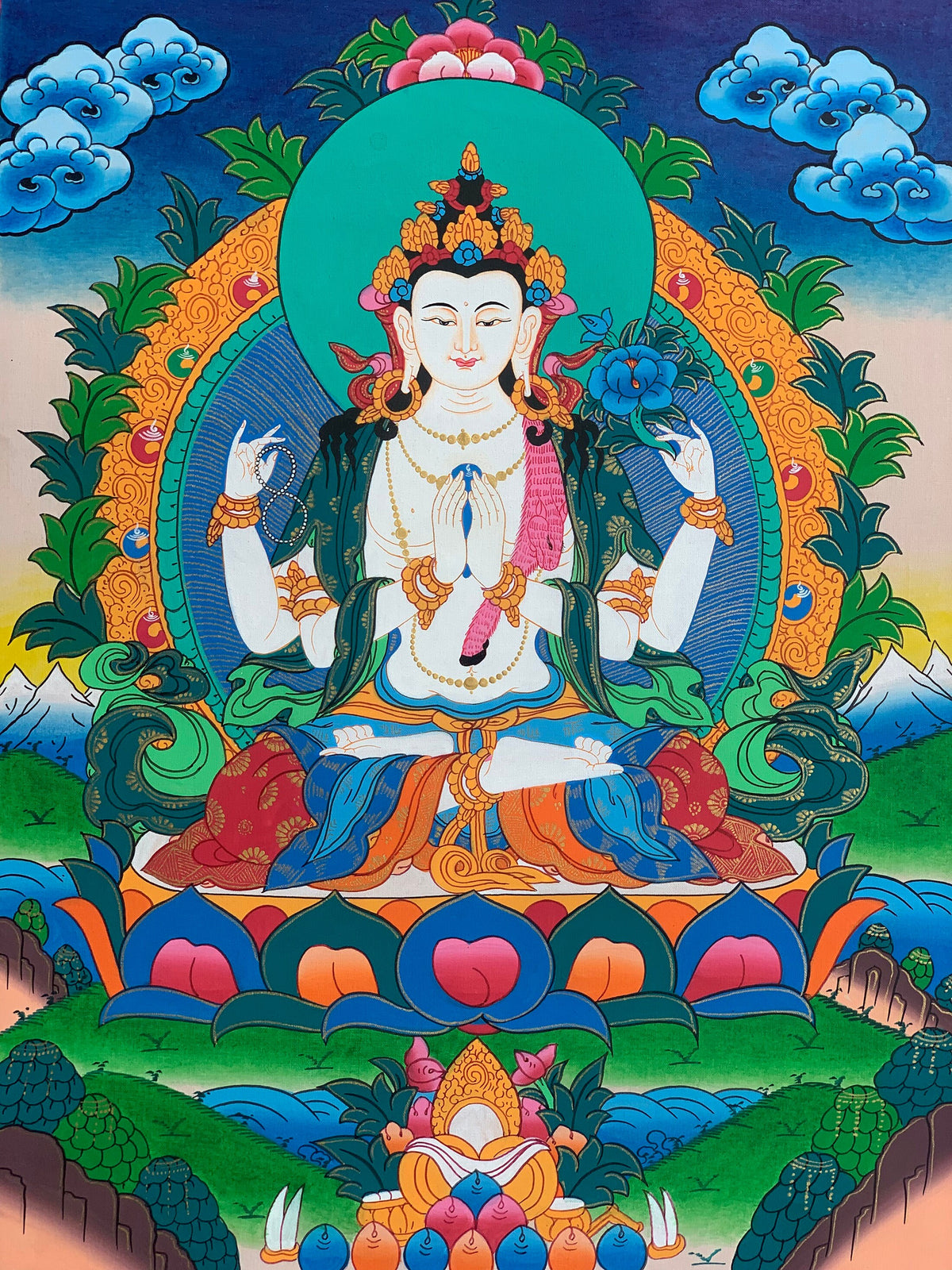 Chyangresi Chenrezig Thangka Painting with Silk Brocade (28x44 Inches)