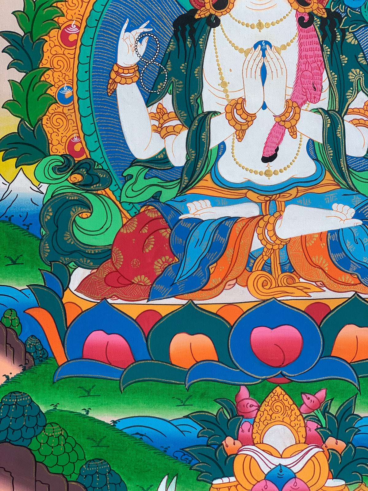 Chyangresi Chenrezig Thangka Painting with Silk Brocade (28x44 Inches)