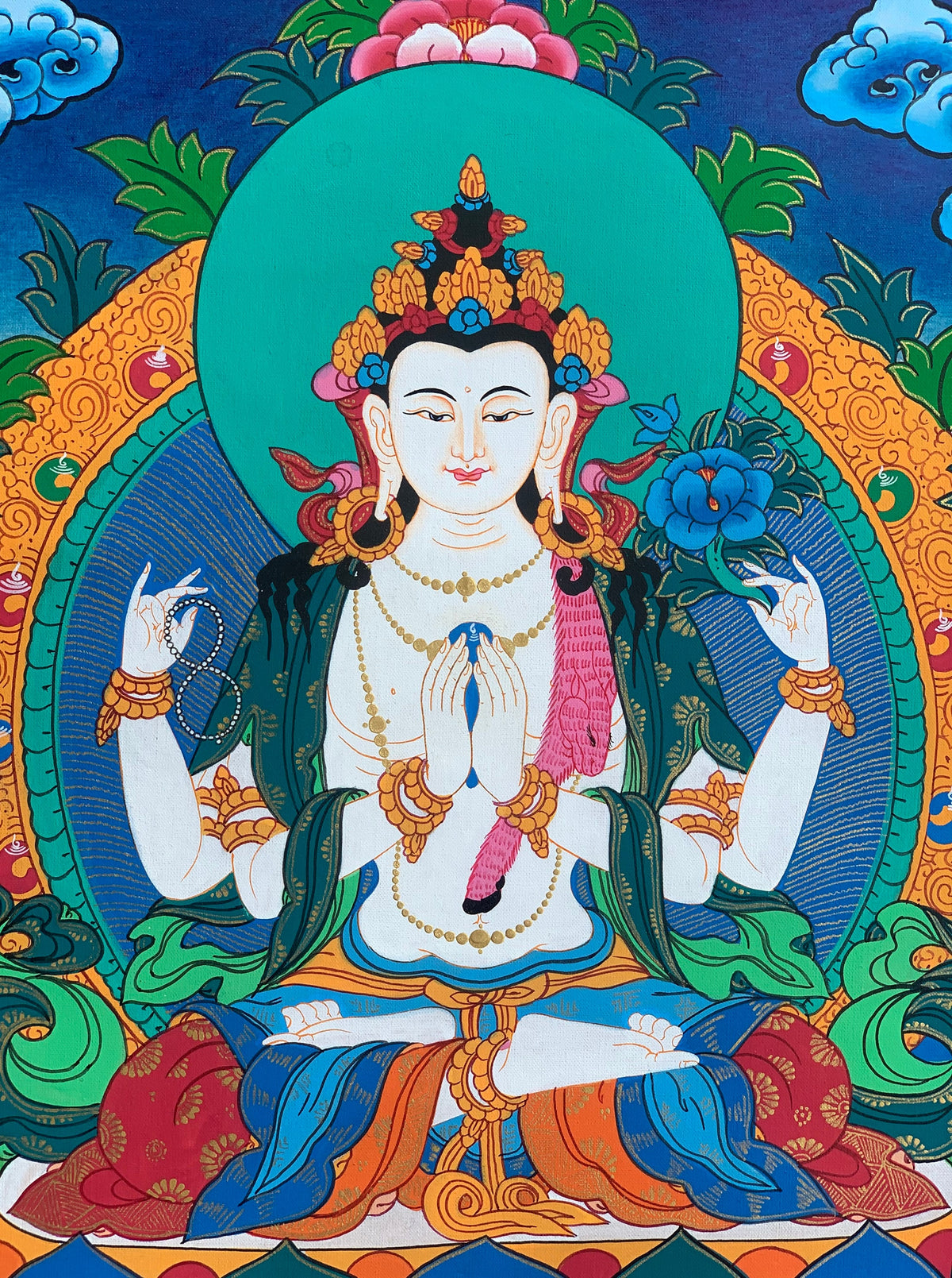 Chyangresi Chenrezig Thangka Painting with Silk Brocade (28x44 Inches)
