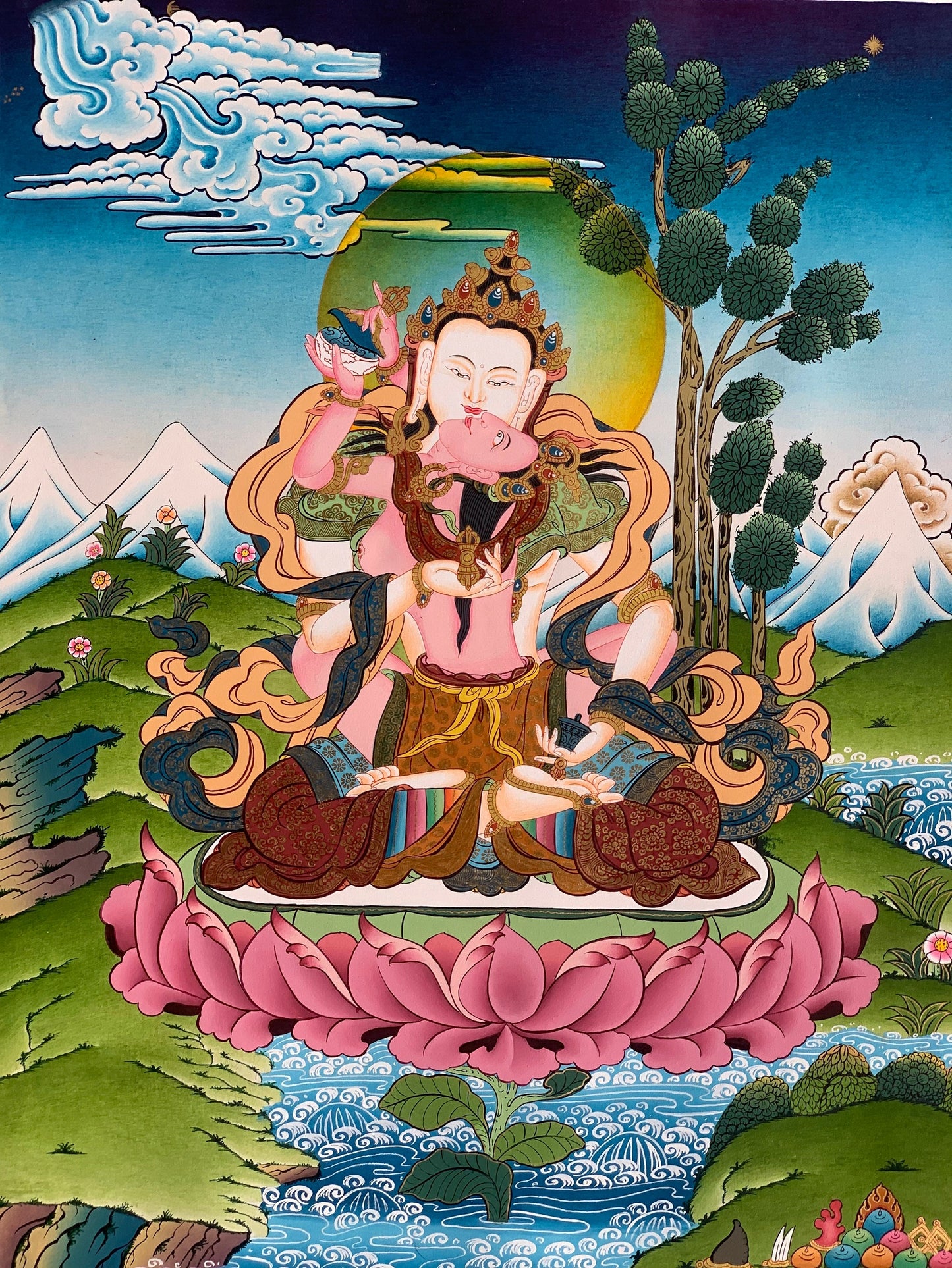 Vajrasattva and Shakti Yab Yum - Tibetan Thangka Painting for Meditation and Spiritual Décor