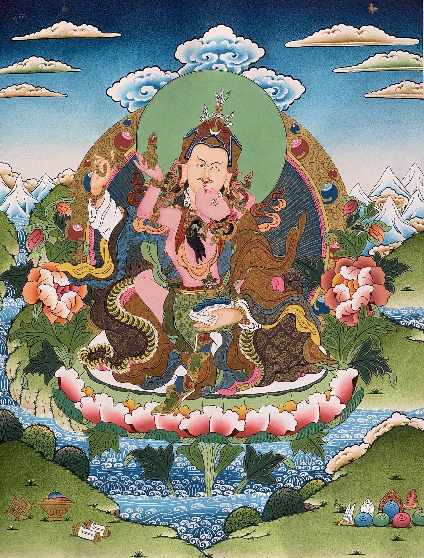 Guru Rinpoche & Mandarava Thangka | Hand-Painted Guru Shakti Tibetan Tantric Art with Gold