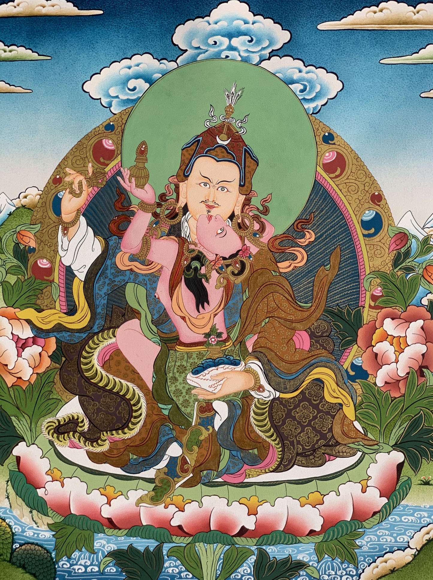 Guru Rinpoche & Mandarava Thangka | Hand-Painted Guru Shakti Tibetan Tantric Art with Gold
