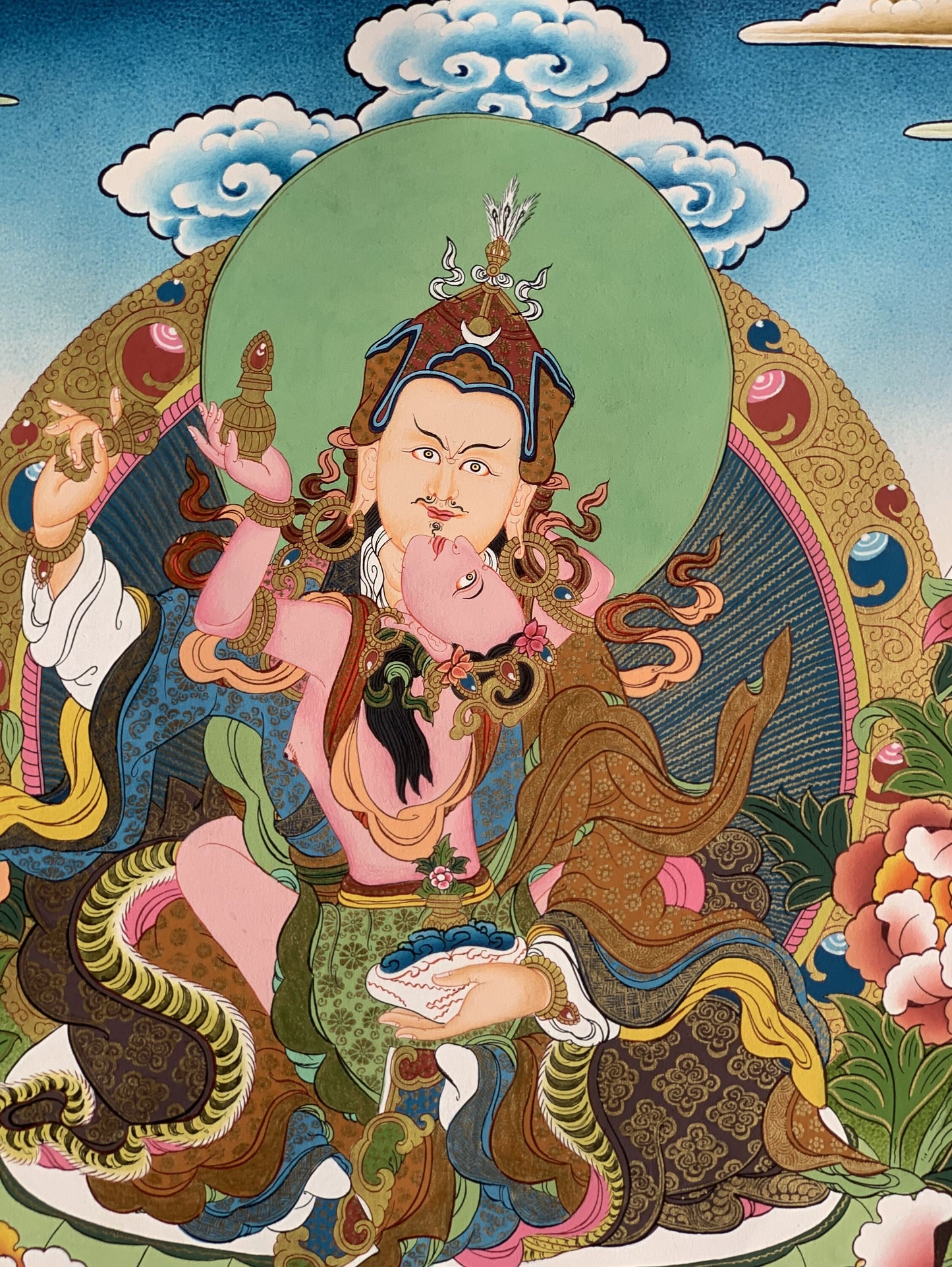 Guru Rinpoche & Mandarava Thangka | Hand-Painted Guru Shakti Tibetan Tantric Art with Gold