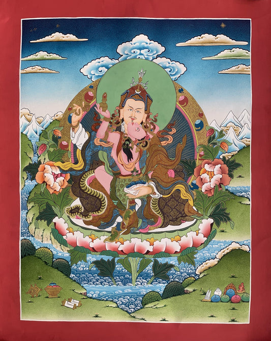Guru Rinpoche & Mandarava Thangka | Hand-Painted Guru Shakti Tibetan Tantric Art with Gold