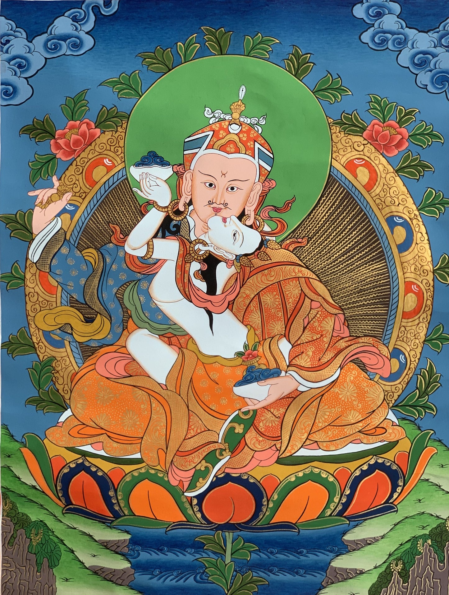 Hand-Painted Padmasambhava Thangka, Guru Rinpoche with Mandarava, 15x20-Inch