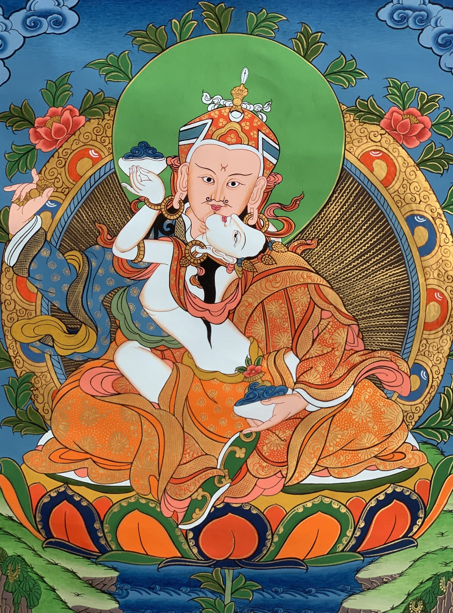 Hand-Painted Padmasambhava Thangka, Guru Rinpoche with Mandarava, 15x20-Inch