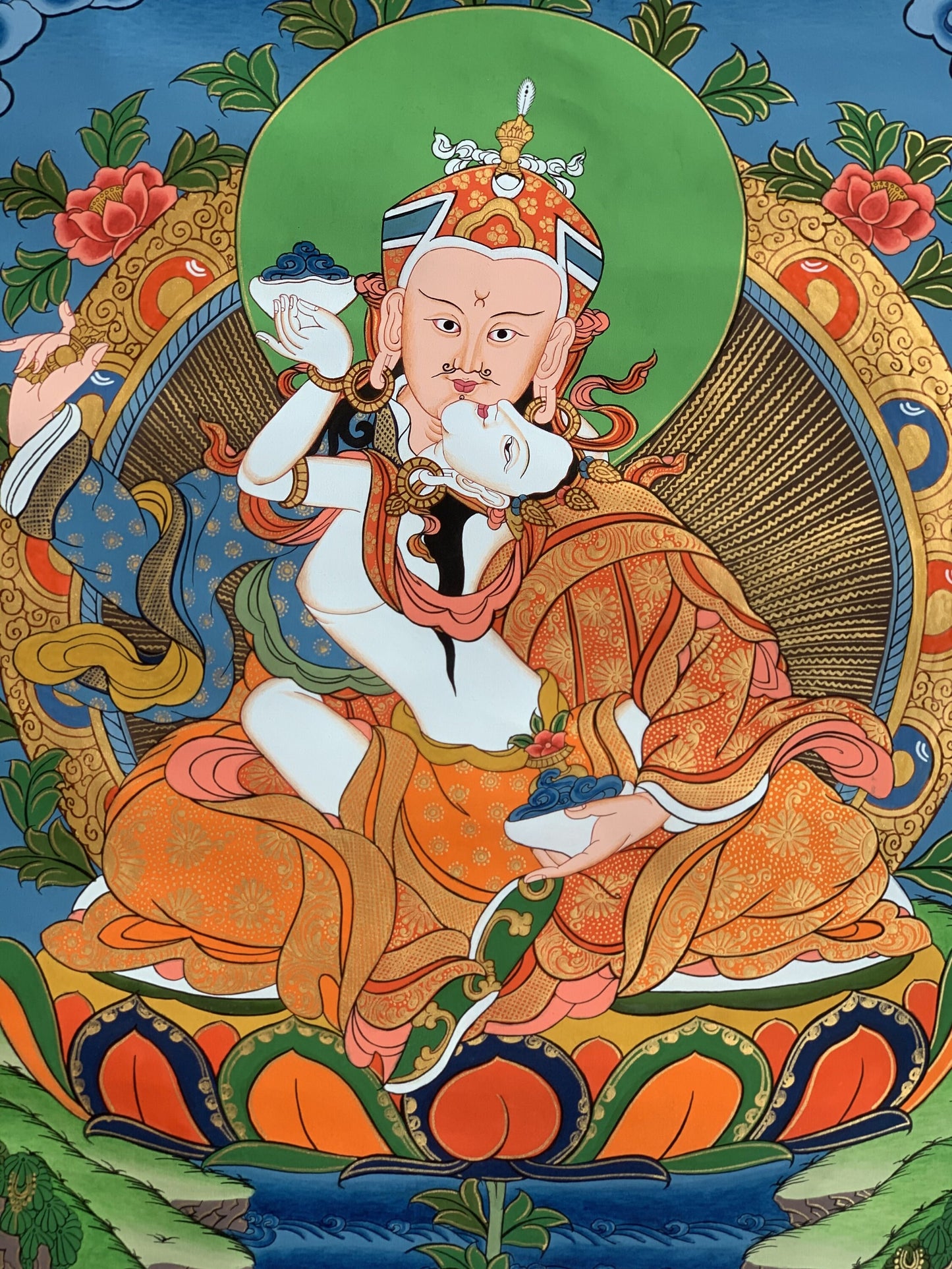 Hand-Painted Padmasambhava Thangka, Guru Rinpoche with Mandarava, 15x20-Inch