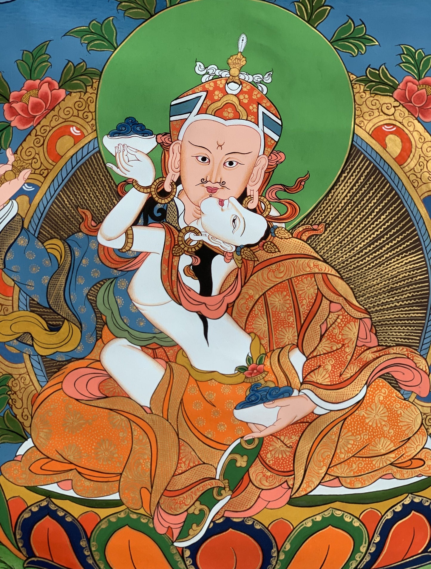 Hand-Painted Padmasambhava Thangka, Guru Rinpoche with Mandarava, 15x20-Inch