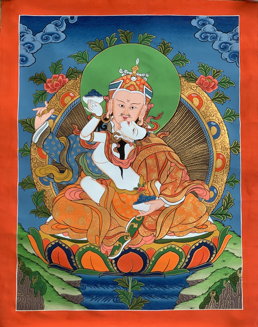 Hand-Painted Padmasambhava Thangka, Guru Rinpoche with Mandarava, 15x20-Inch