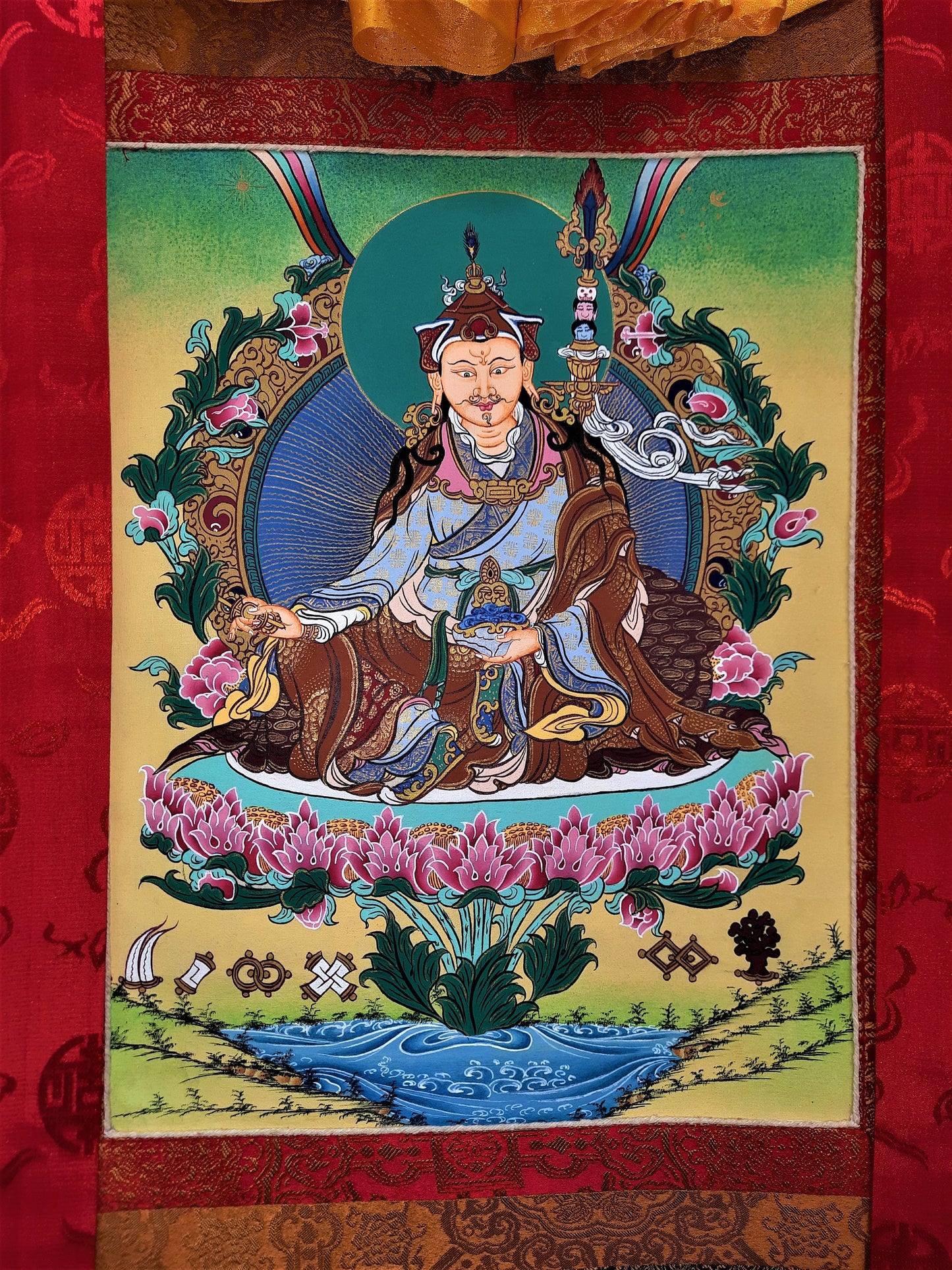Guru Rinpoche Thangka Painting, 24k Gold, Framed Tibetan Art