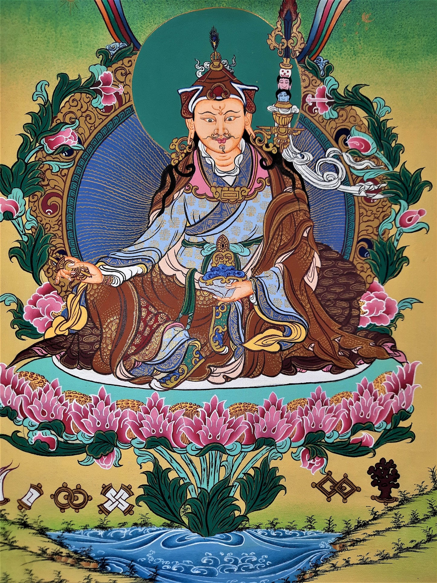 Guru Rinpoche Thangka Painting, 24k Gold, Framed Tibetan Art