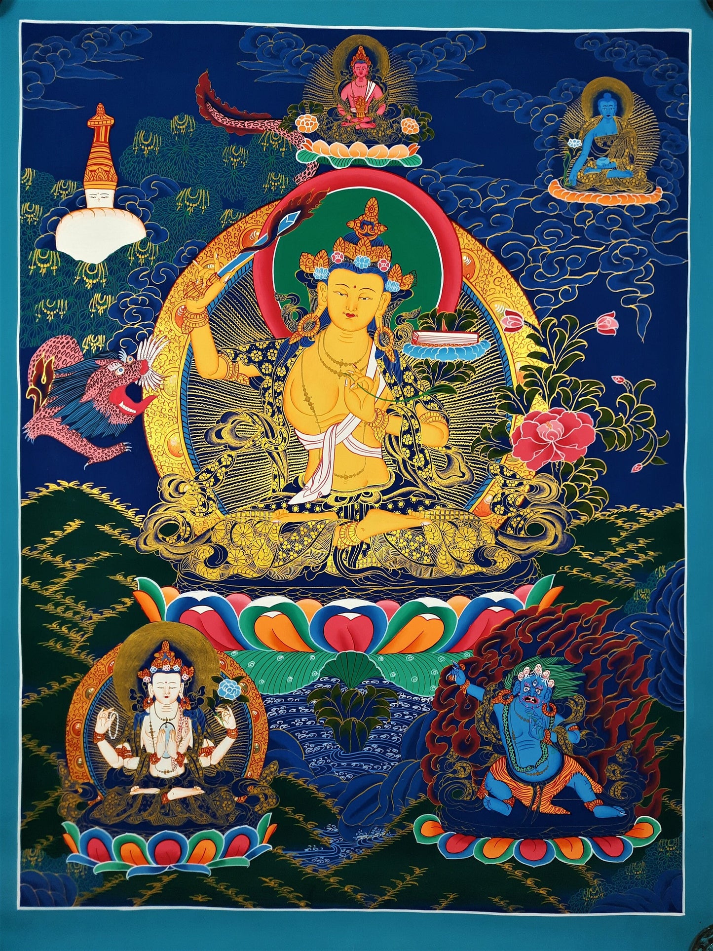Manjushri  Bodhisattva Thangka – Hand-Painted Manjushree Tibetan Buddhist Art with Silk Brocade