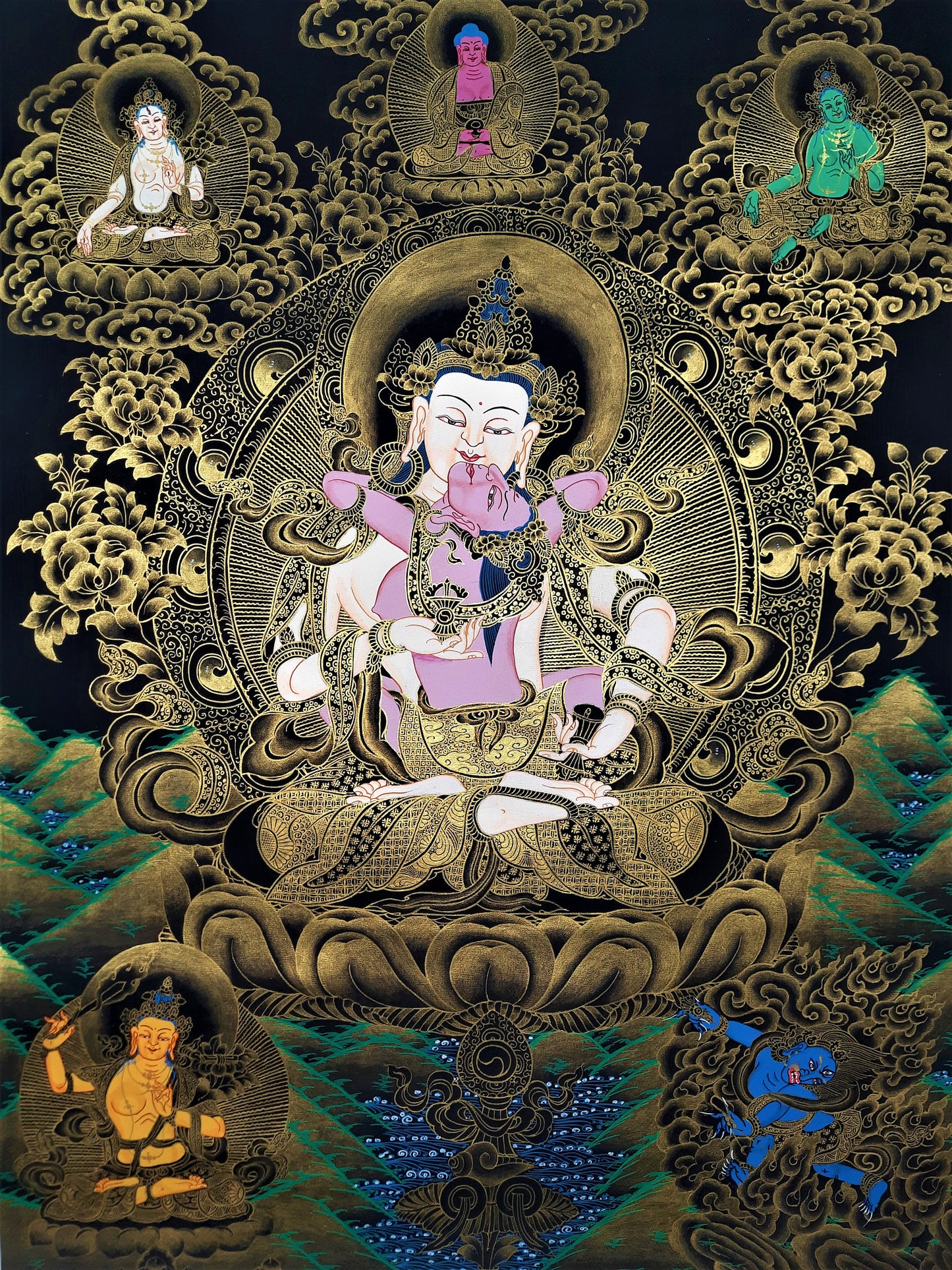 Hand Painted Vajrasattva Shakti Thangka Painting, Tibetan Wall Hanging (17x23 Inch)